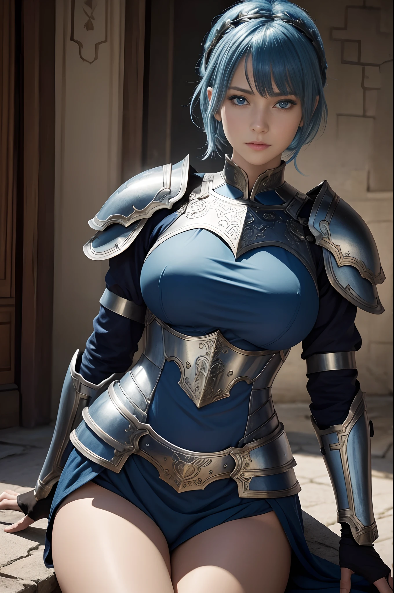 8K,超A high resolution,((Top image quality)), ((masterpiece)), (high-detail:1.3), jeanne d'arc,Blue eyes,Blue-haired shorthair,A MILF,large full breasts,Attention paid to the details of the decoration of the chest armor,Waist and leg armor,Round shield on the left arm,beautiful expression,enchanted,A sexy,Scenes of armor damage during the war