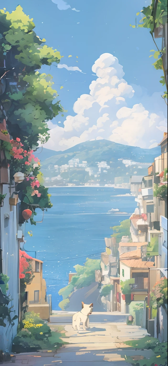 there is a painting of a dog walking down a street, anime background art, beautiful anime scenery, anime scenery, beautiful anime scene, mediterranean vista, scenery artwork, anime background, anime beautiful peace scene, anime aesthetic, scenery wallpaper aesthetic, anime scenery concept art, anime landscape, background art, cliffside town, scenery art detailed, beautiful cityscape, lofi artstyle