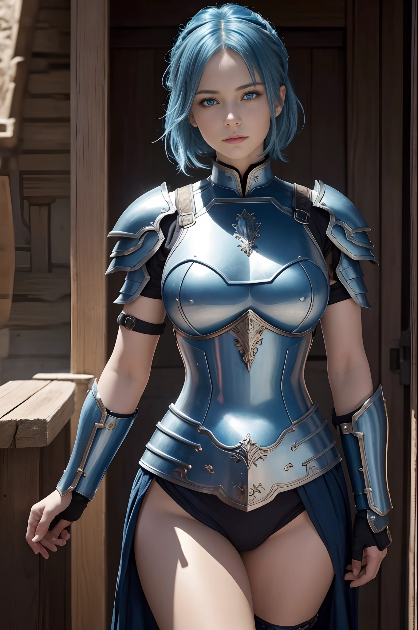 8K,超A high resolution,((Top image quality)), ((​masterpiece)), (high-detail:1.3), jeanne d'arc,Blue eyes,Blue-haired shorthair,A MILF,large full breasts,Attention paid to the details of the decoration of the chest armor,Waist and leg armor,Round shield on the left arm,beautiful expression,enchanted,A sexy,Scenes of armor damage during the war