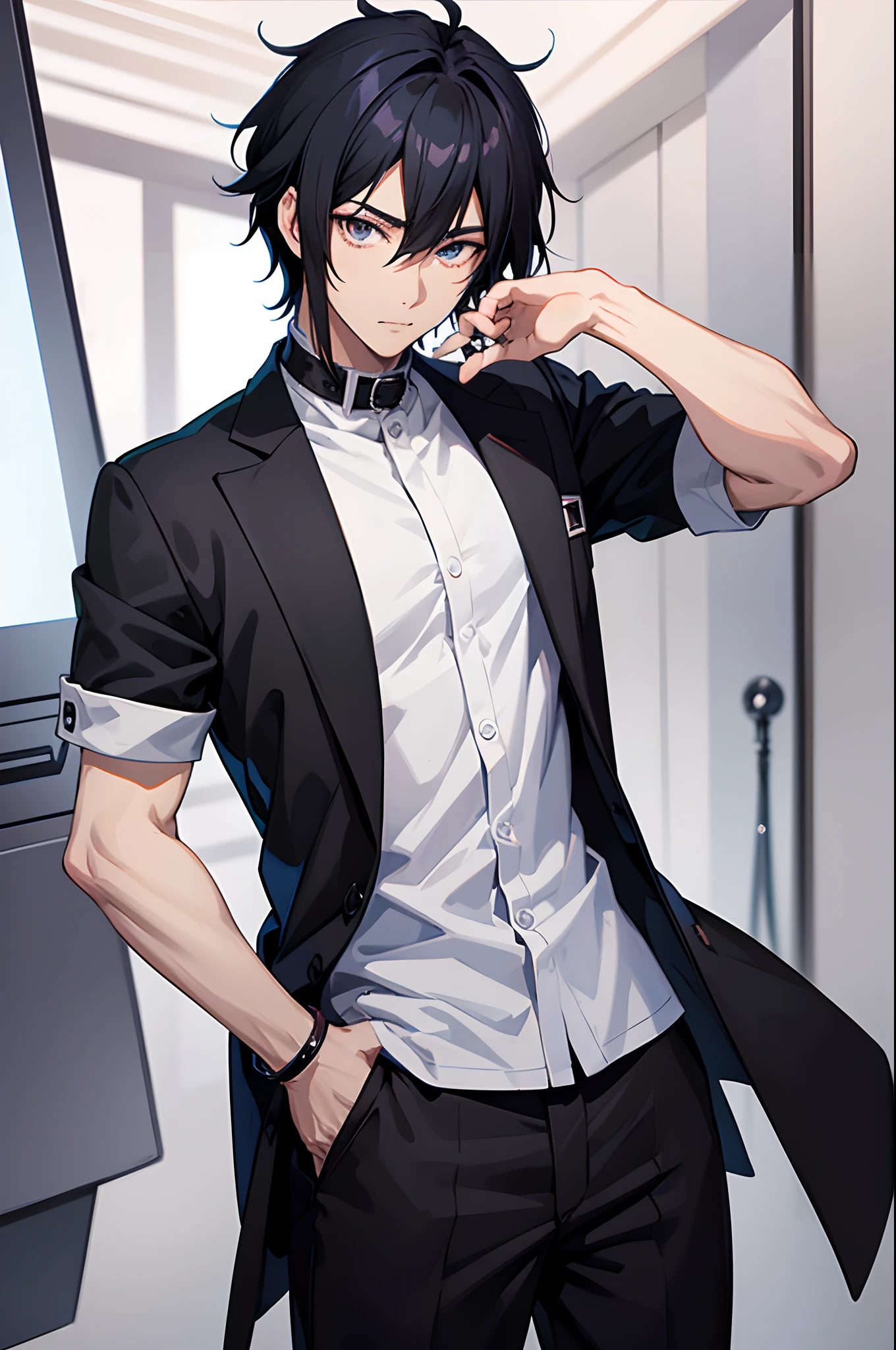 Anime man with black hair and black eyes staring at the camera, Anime handsome man, Handsome anime pose, young anime man, Anime portrait of a handsome man, handsome guy in demon killer art, male anime character, Anime boy, Male anime style, A handsome man,with short black hair, Smooth anime CG art, Tall anime guy with blue eyes, Kawasi