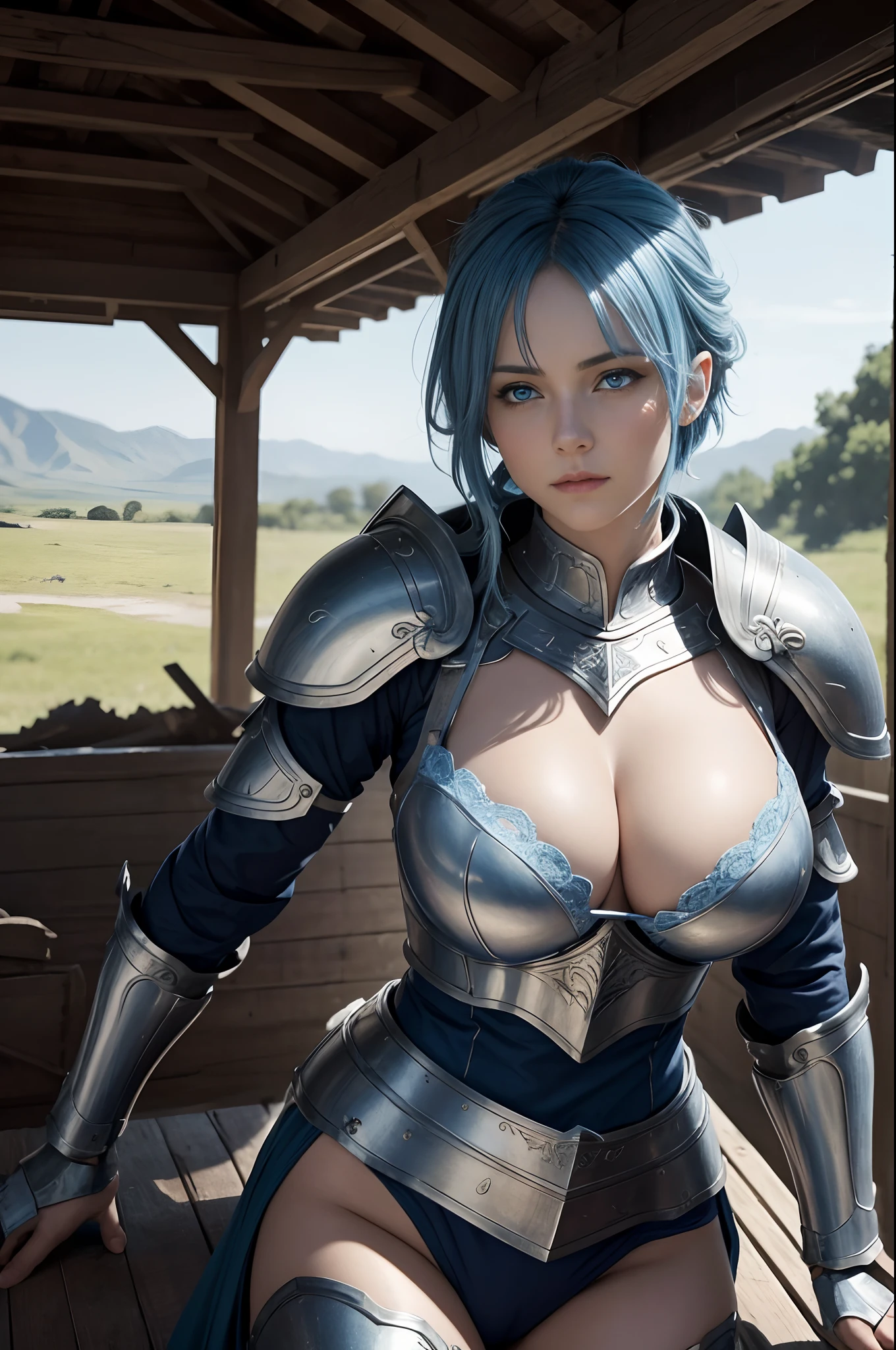 8K,超A high resolution,((Top image quality)), ((masterpiece)), (high-detail:1.3), jeanne d'arc,Blue eyes,Blue-haired shorthair,A MILF,large full breasts,Attention paid to the details of the decoration of the chest armor,Waist and leg armor,Round shield on the left arm,beautiful expression,enchanted,A sexy,Scenes of armor damage during the war