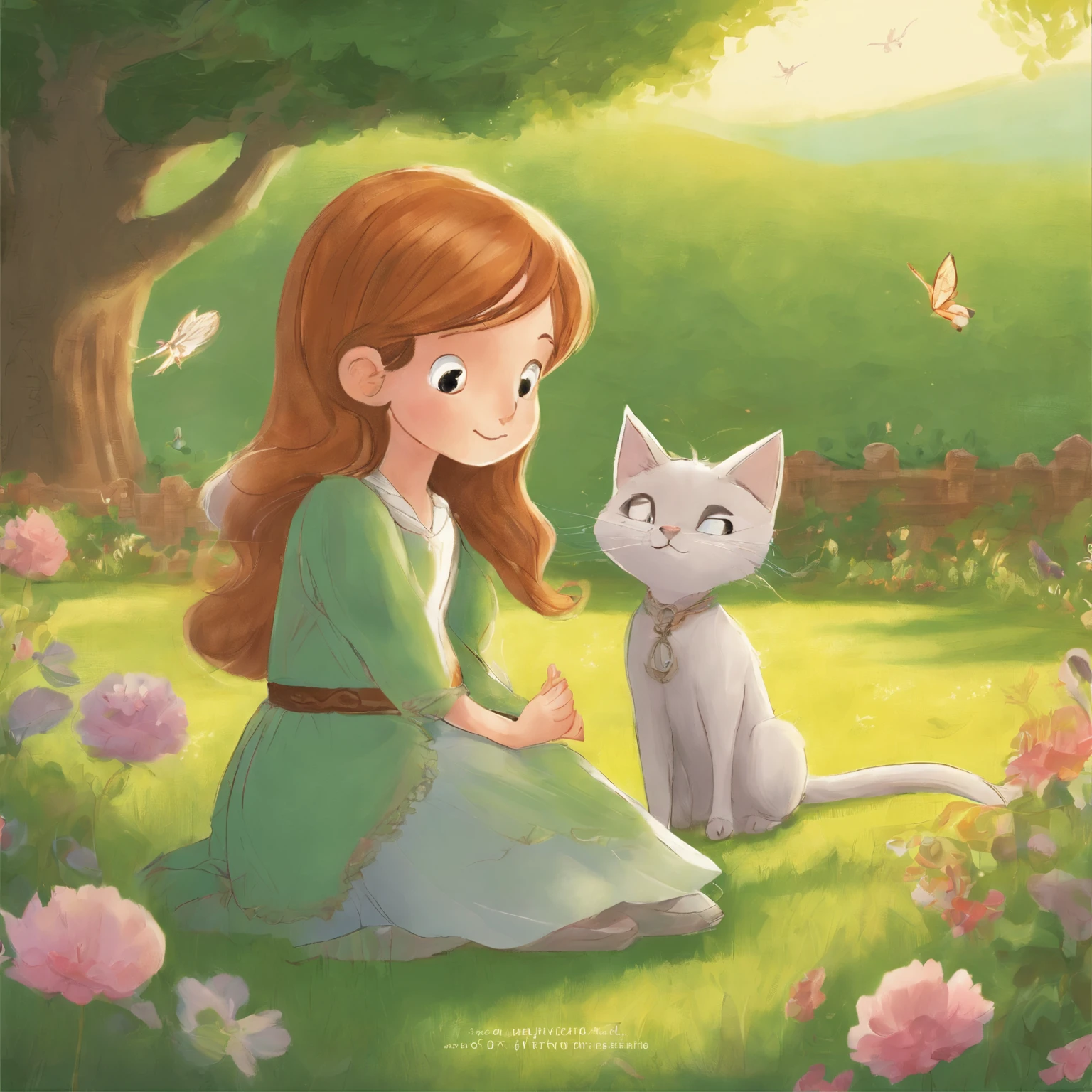 shot from shoulder up A 10-year-old gir with chestnut color hair and a light gray cat are happily staring at each other on the lawn of a sun-drenched park Fantastic and happy feeling The overall design is classical and the color is strong green Picture book illustrations