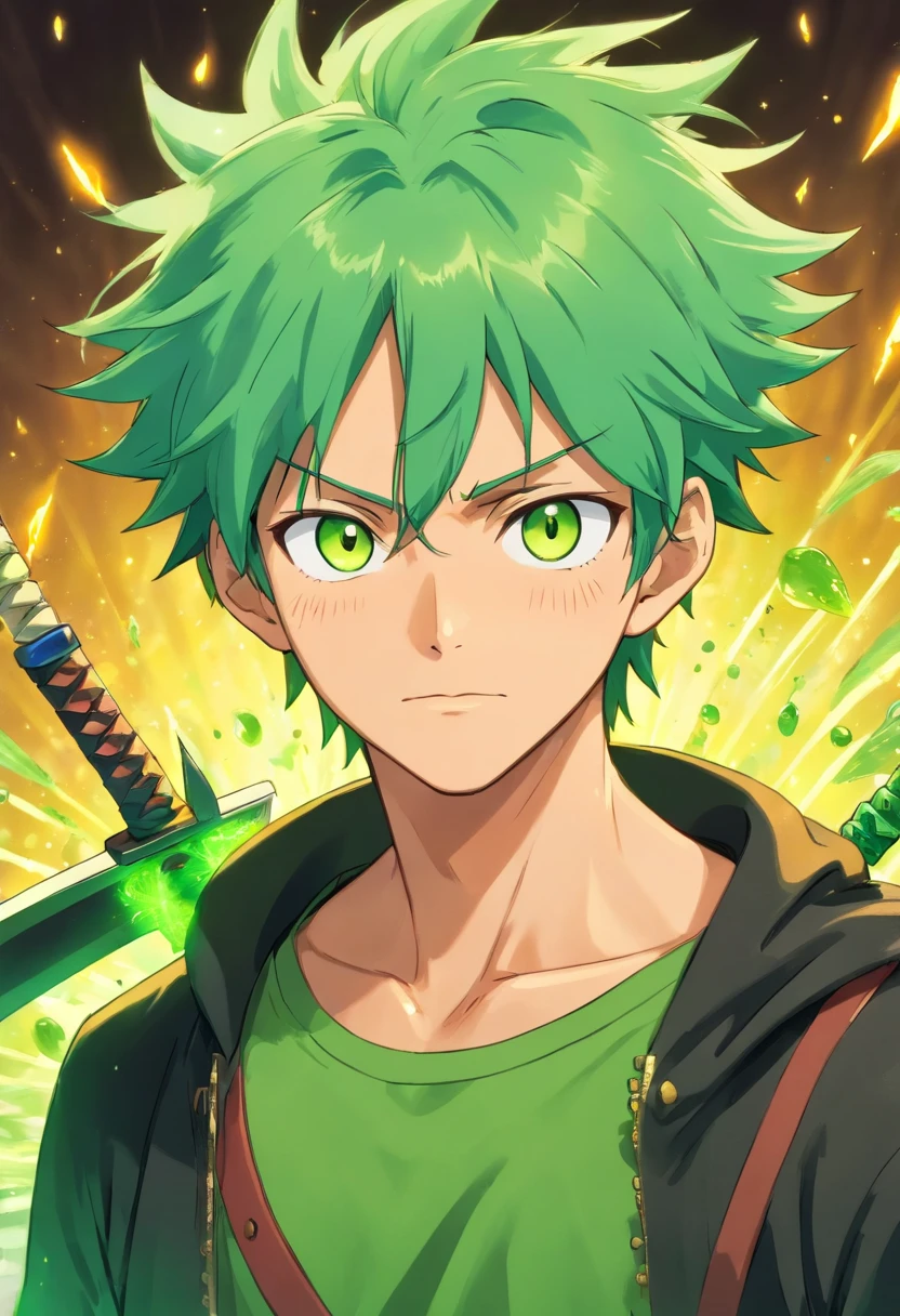 (1 boy), arte altamente detalhada, de (Lime-green hair and with the most voluminous and spiky hair)  Roronoa Zoro