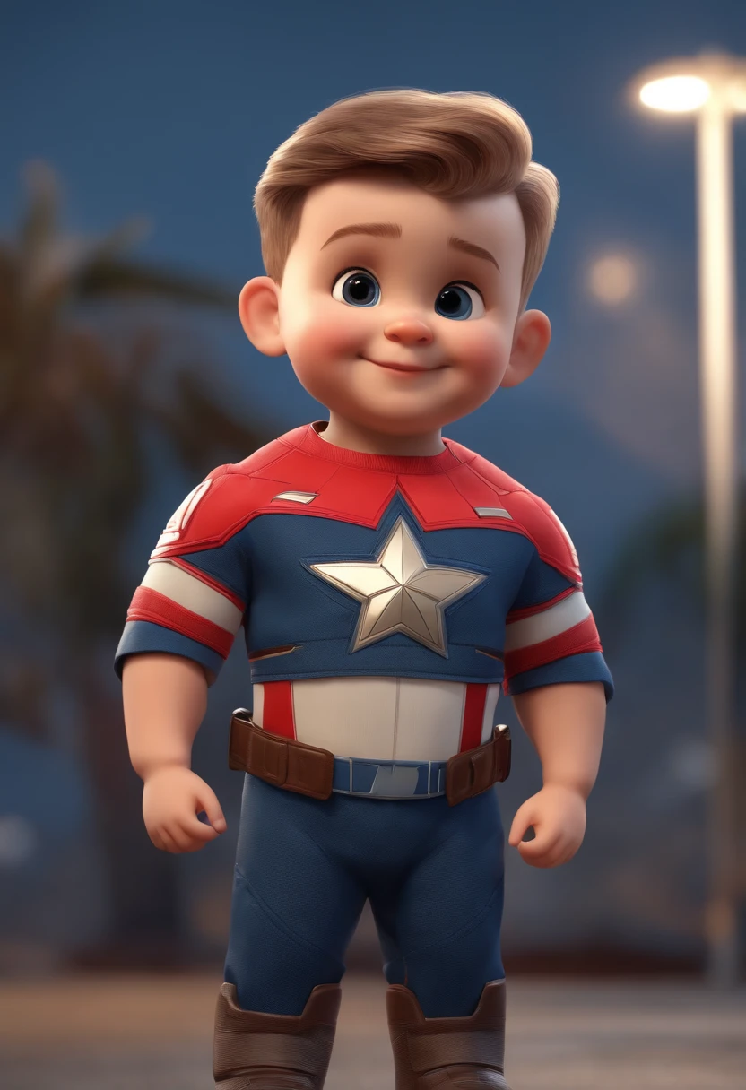 a happy cute standing short hair cacheados, moreno claro, vestindo bermuda bege, allstar, Captain America's Jersey ,barnet, Tom, Estilo Pixar, ....3d, desenhos animados, rosto detalhado, asymmetrical 16k