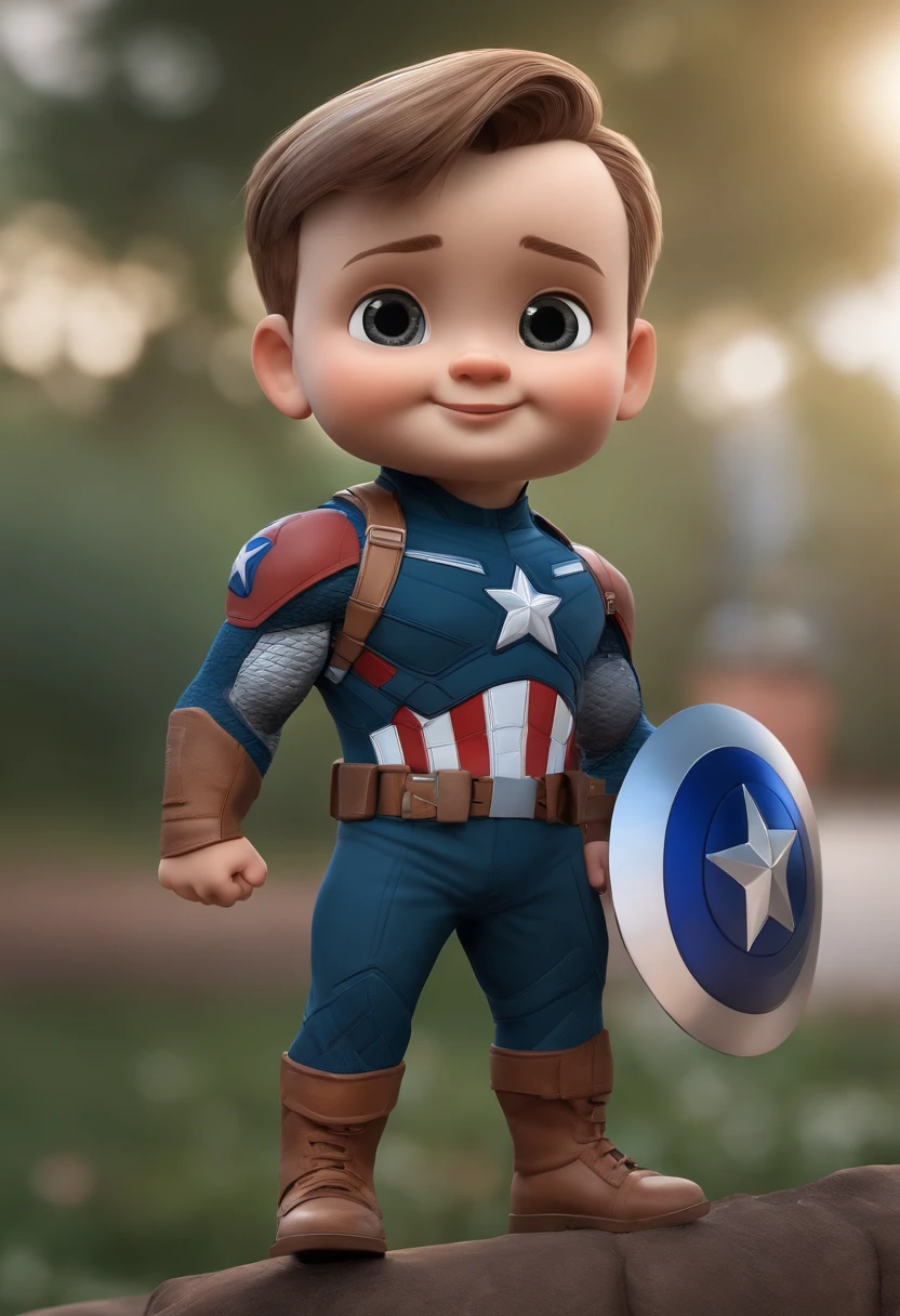 a happy cute standing short hair cacheados, moreno claro, vestindo bermuda bege, allstar, Captain America's Jersey ,barnet, Tom, Estilo Pixar, ....3d, desenhos animados, rosto detalhado, asymmetrical 16k