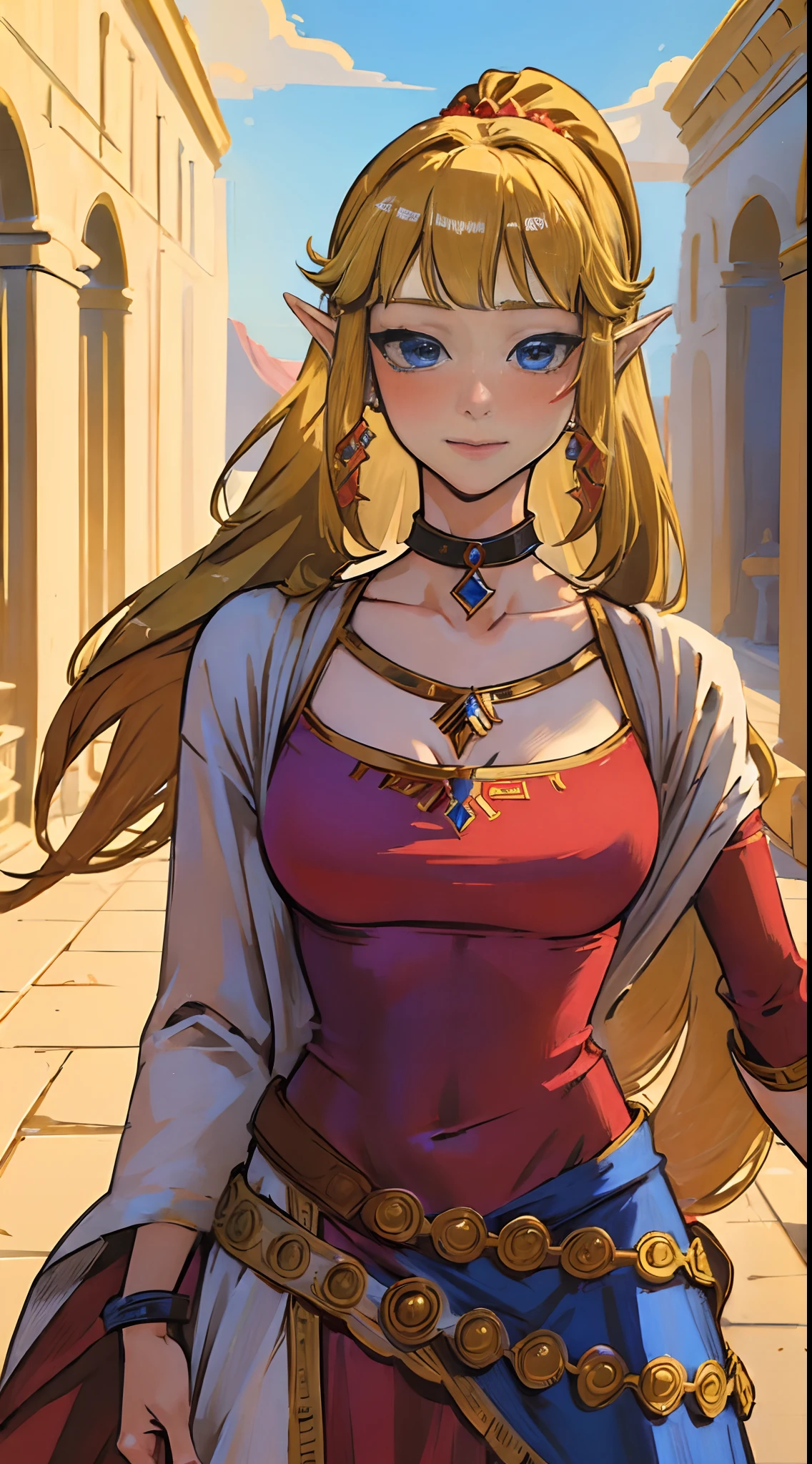 (adult woman:1.4)(24 years old:1.2)(masterpiece, best quality:1.2), 1girl,solo,(looking at viewer), princess, Zelda, red theme, long dress, blonde hair, blue eyes, palace, cowboy shot, ponytail,(blushing), (collar), (smiling:0.7),(see-through:0.15)(eyes open:1.3),(excited:0.4)(surprised:0.5)