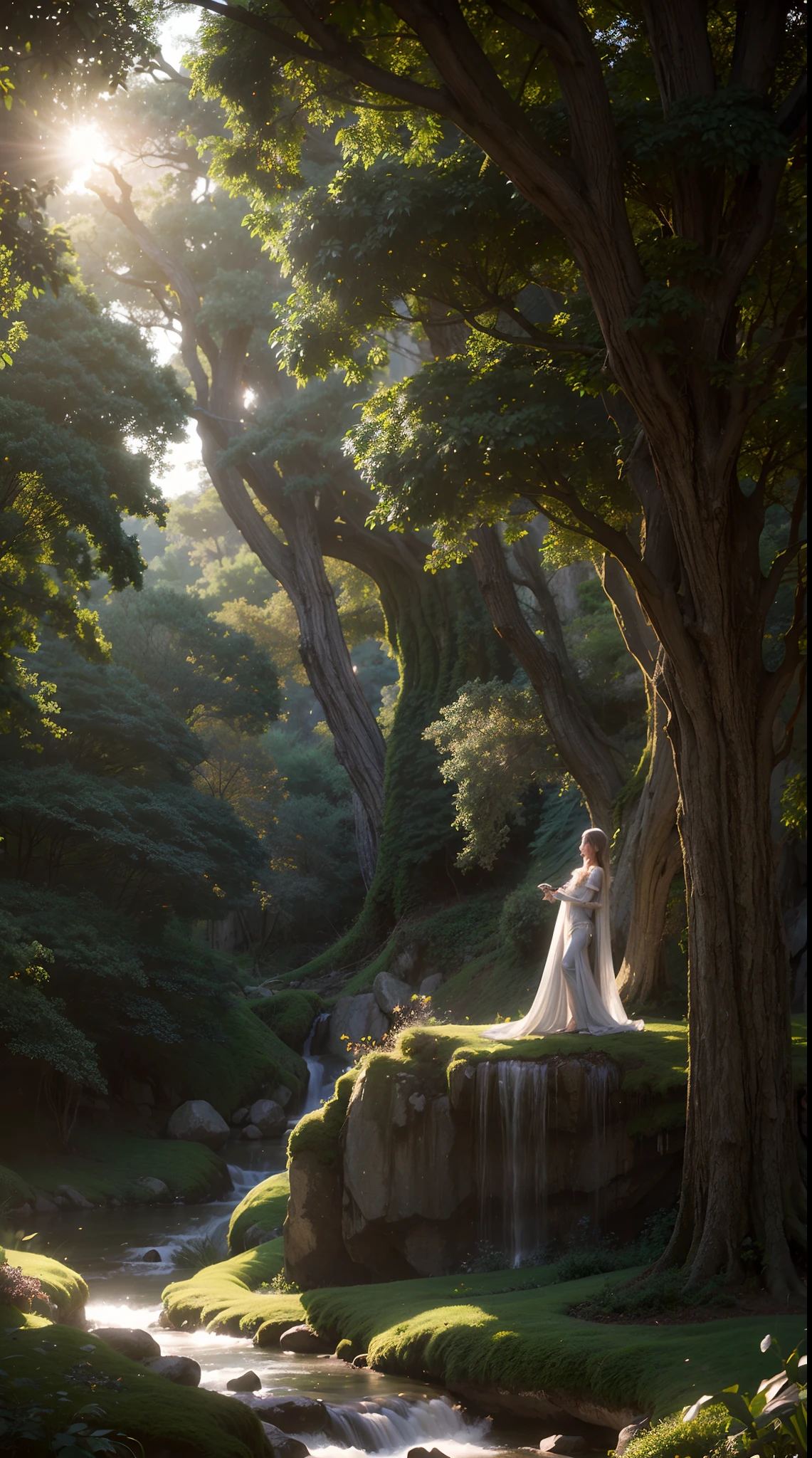 An illustration of a female elf in a fantasy world, elegantly leaning against a colossal tree that stretches into the sky, created with digital art software, featuring a dreamy and ethereal lighting effect, evoking a mystical and whimsical photography style.