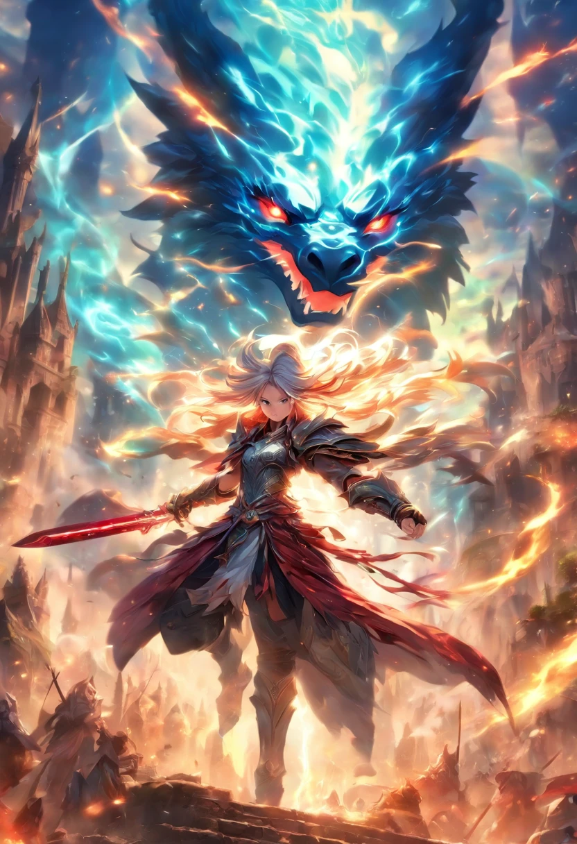 Mature woman, (fantasy:1.2), (backlight:1.2), glowing hairs, glowing eyes, red eyes, white hair, long hair, clevage, epic , camera angle, dynamic, UE5, Epic Battle, Magical Creatures, Ancient Castle, Heroic Warrior, Mystical Forest, Enchanted Realm, Dragon's Lair, Sorcerer's Spell, Ethereal Lighting, High-Fantasy, Heroic Music, Wide Landscape, Dramatic Sky, Mystical Aura, Sword of Destiny, Quest for Power.
