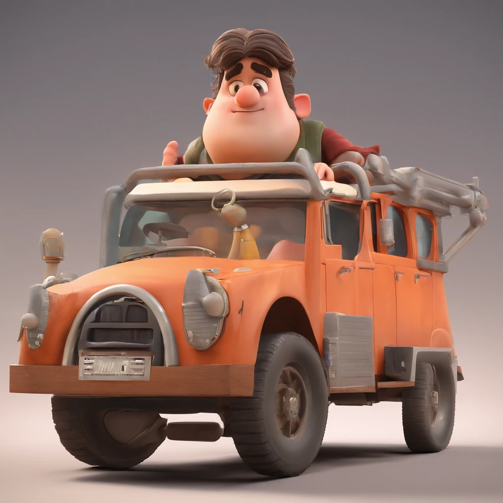 Criar um personagem no estilo Pixar. Trata-se de um homem de 40 anos, com barba curta, grisalho, com cabelos pretos com alguns grisalhos, curtos e um quiff, e olhos castanhos. He must be in front of a television , Trabalhar como designer
