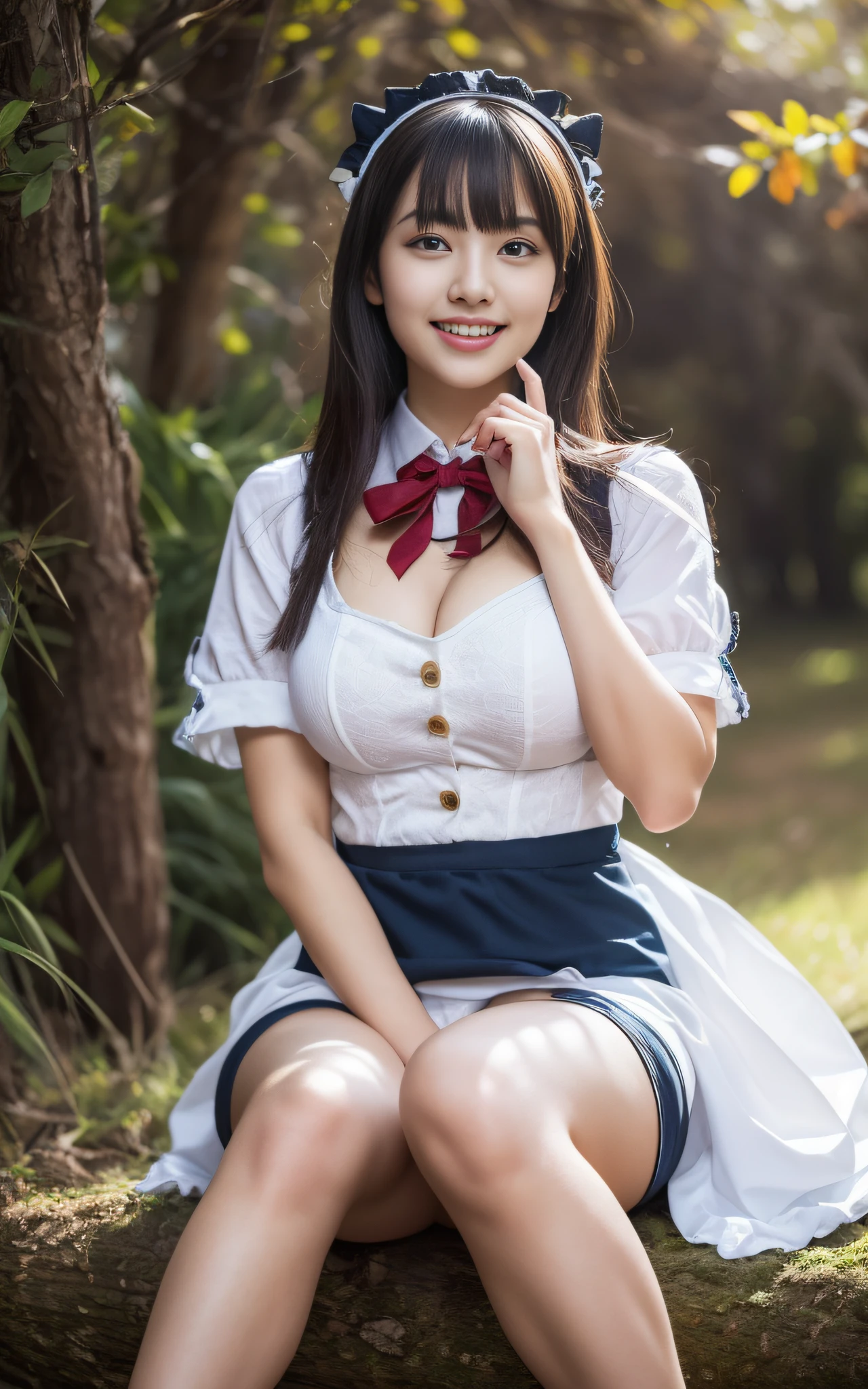 Highly detailed CG Unity 8k wallpaper, With the highest quality, super detailed, master piece, Realistic, photos realistic, extremely detailed cute girl, 25 years old , (Cute Maid Costume ), Smile , Round eyes, Large breasts , looking viewer, Half body shot , parrot , Sitting , thighs thighs thighs thighs , Showing panties , Blunt bangs