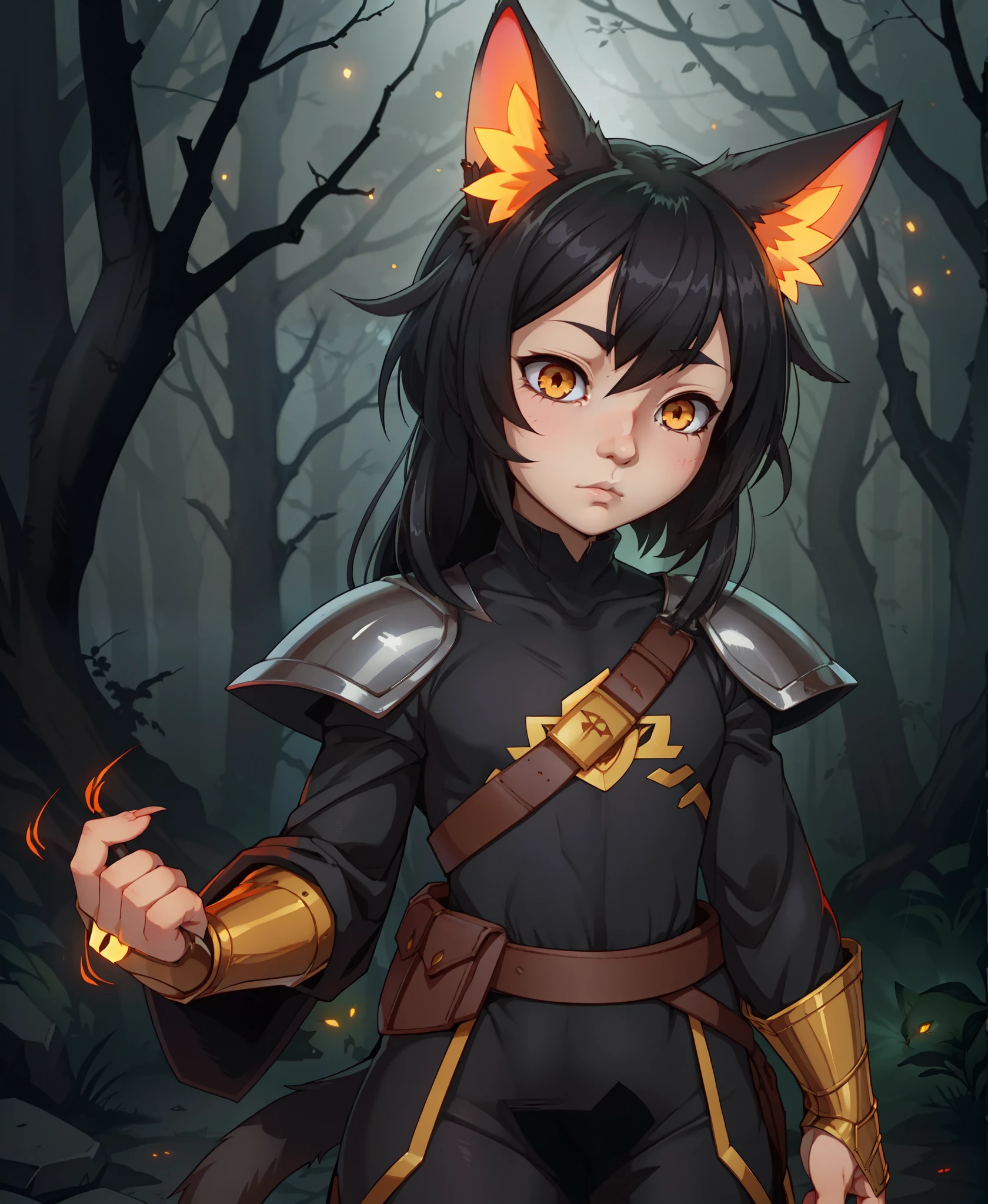 anime style, human, 1girl, cat girl, (black hair), (golden eyes), cat ears, cat tail, dark forest setting, detailed background, (grimdark atmosphere), knight armor, (sinister looking), (sharp claws), (intense expression), masterpiece, (by ryohei hase), (by hews hack), (by tinkle), anime absurdres illustration, drawing, (lineart:0.6), (superflat, flat shading, flat colors:1.1), (vibrant colors:1.1)