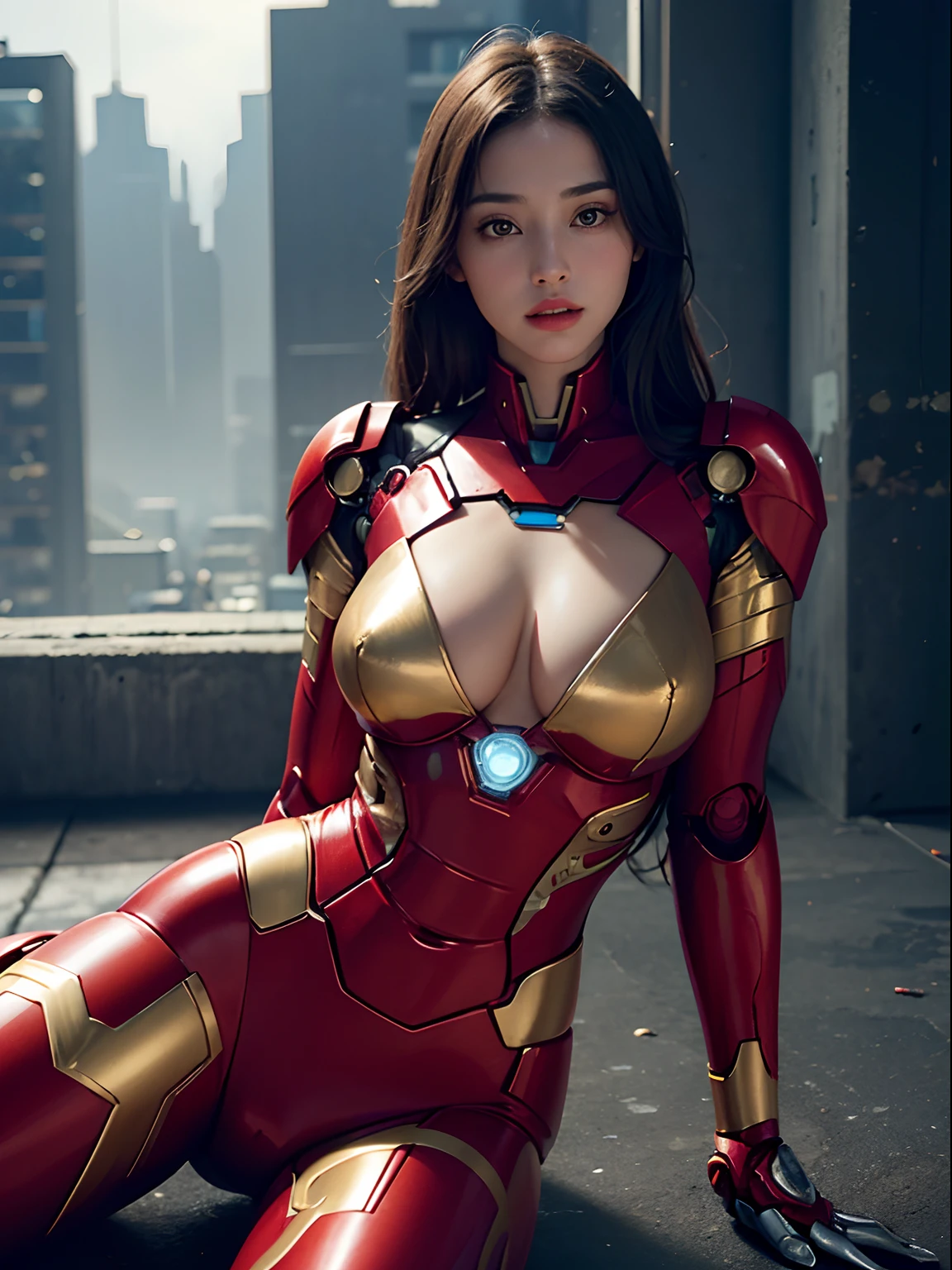 (1girl:1.3), only, __body-parts__, official art, Unity 8k wallpaper, ultra detailed, beautiful and aesthetic, beautiful, masterpiece, best quality, RAW, masterpiece, super fine photo, best quality, resolution super tall, photorealistic, sunlight, full length portrait, incredibly beautiful, dynamic pose, delicate face, vibrant eyes (side view), wears a robot with great futuristic Iron Man neckline, red and gold, highly detailed abandoned warehouse background , detailed face, complex detailed and busy background, messy, gorgeous, milky, highly detailed skin, great cleavage, open legs, realistic skin details, visible pores, sharp focus, volumetric fog, 8k uhd, dslr camera, high quality , film grain, light skin, photorealism, lomography, sprawling metropolis in a futuristic dystopia, view from below, translucent
