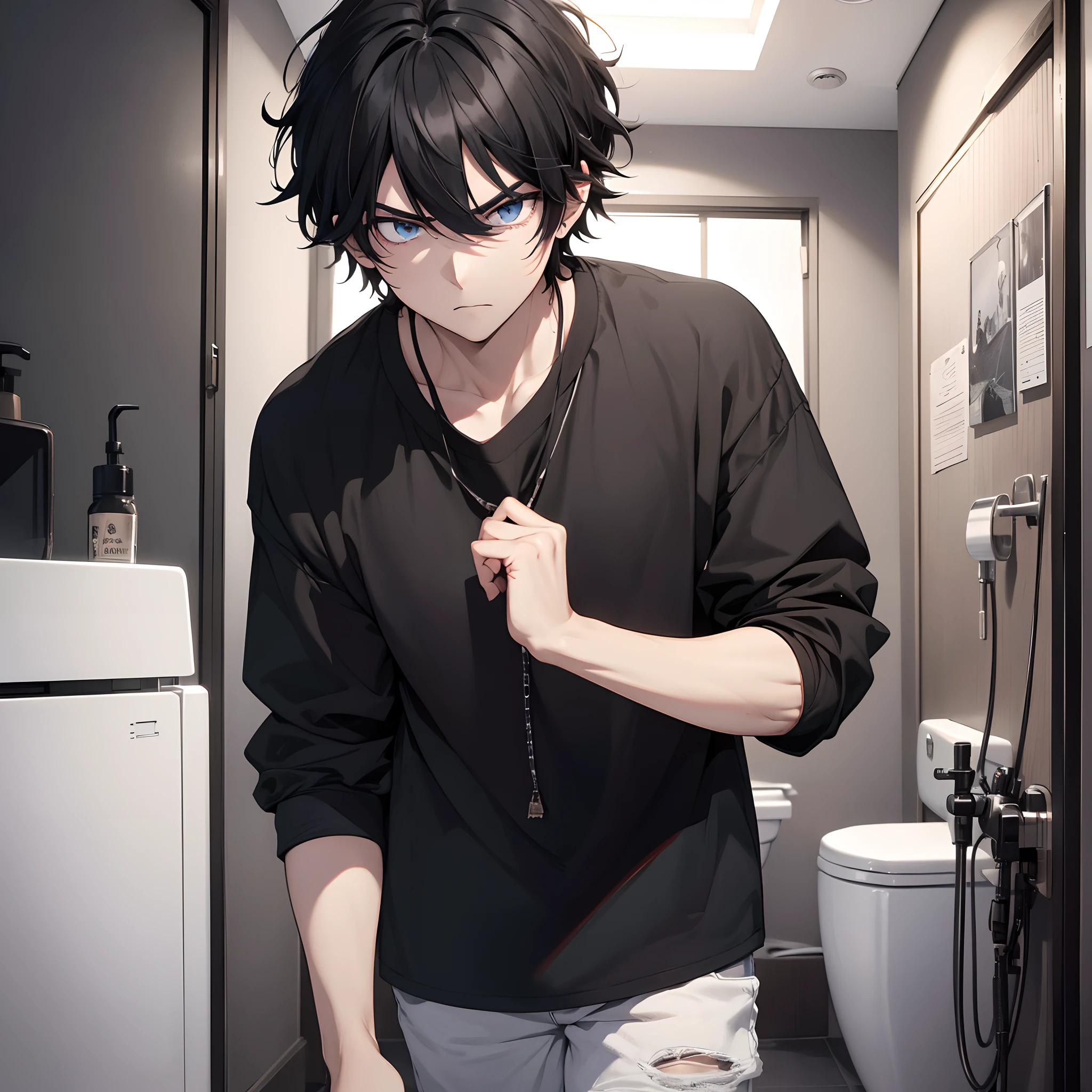 skinny thin teenage male
height of 5'6
with long black hair and blue eyes
often wears a black robe black pants and grey shoes