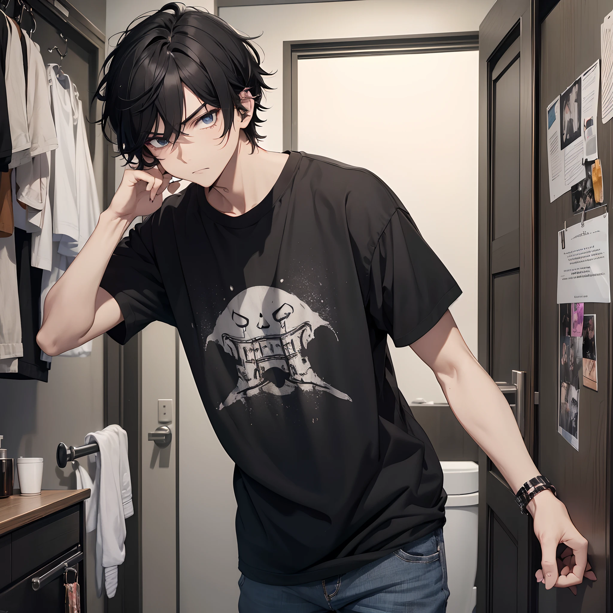 Absurd resolution, high resolution, (masterpiece: 1.4), hyper-detail, young man's messy short black hair, black casual clothes, spooky room, toilet doorway, angry expression