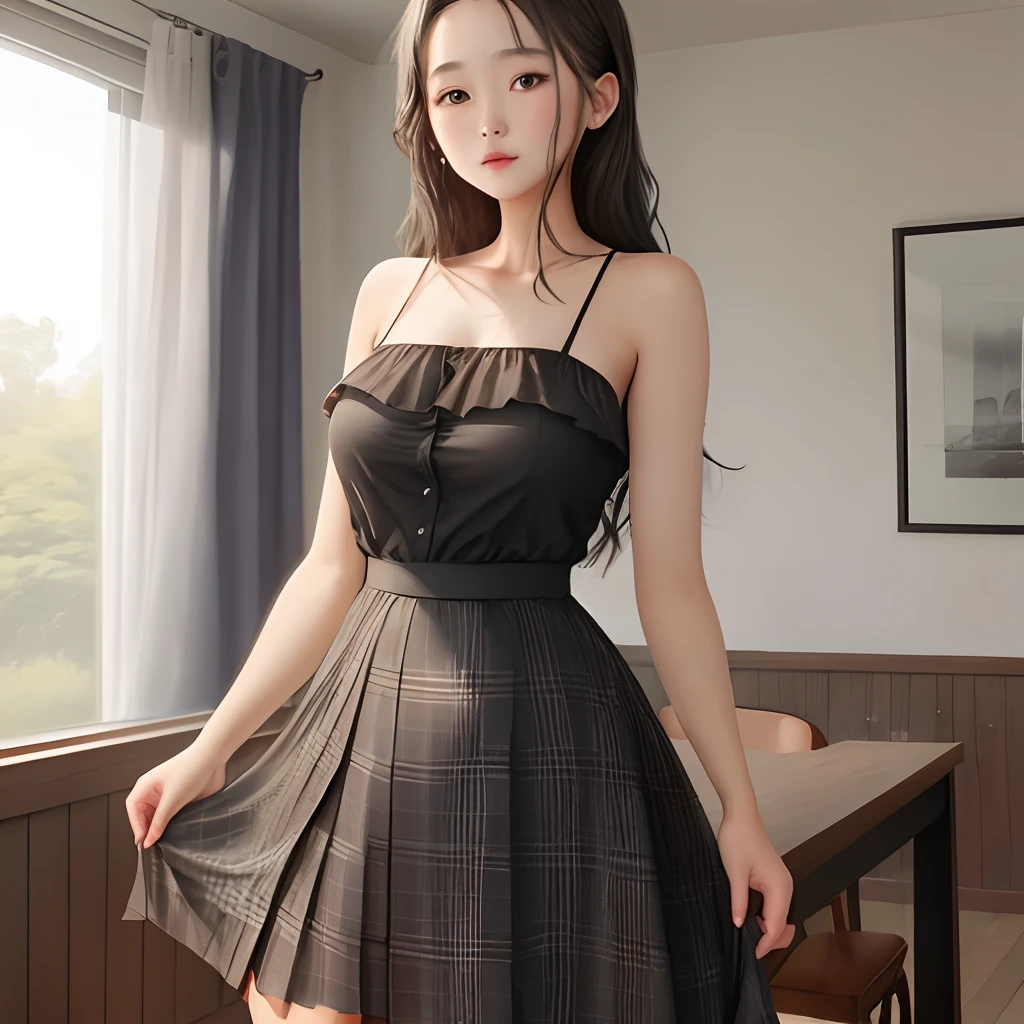 Woman in black bare-top dress and plaid skirt