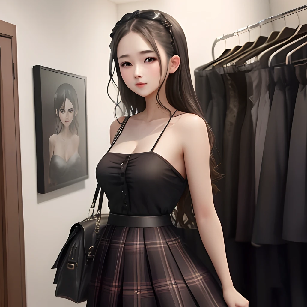 Woman in black bare-top dress and plaid skirt