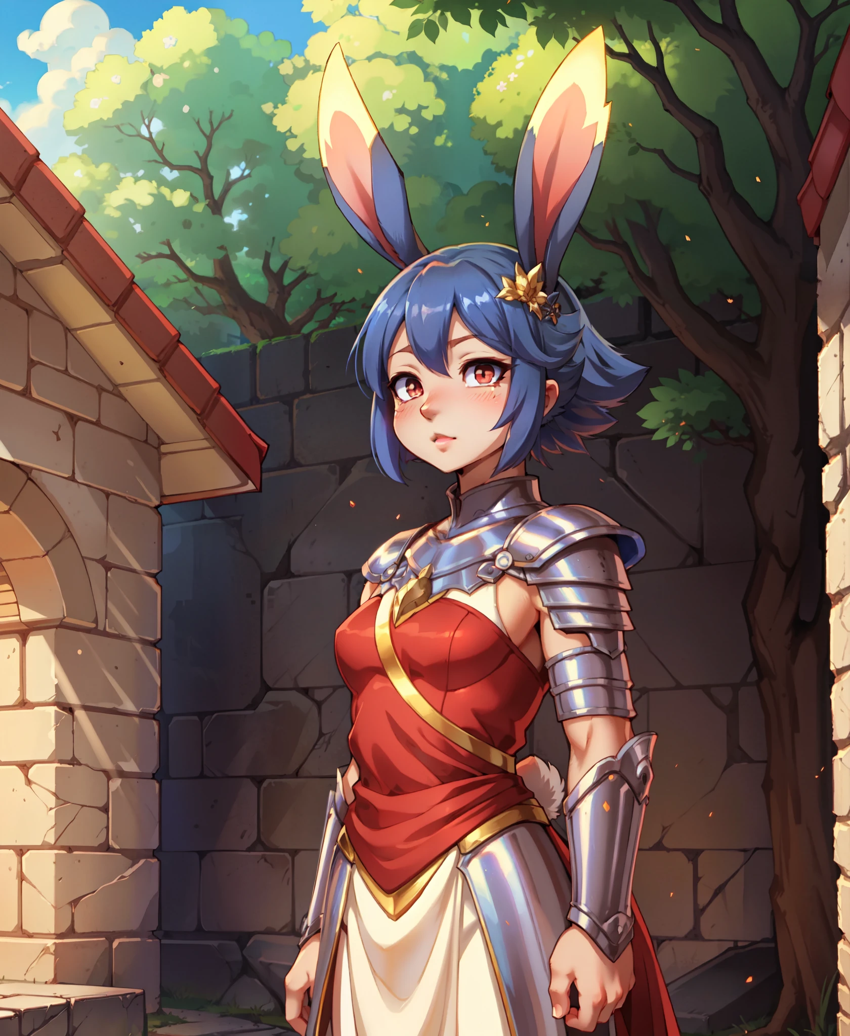 outdoor, castle courtyard, tall stone walls, detailed background, knight bunny girl, (armor with bunny-themed embellishments), standing tall and proud, bunny ears perched on her head, anime-style, expressive eyes, (by tatsuya himura), (by niji walkure:0.9), (by necoco), (by vempire), sunlight filtering through the trees, giving her a radiant glow, masterpiece