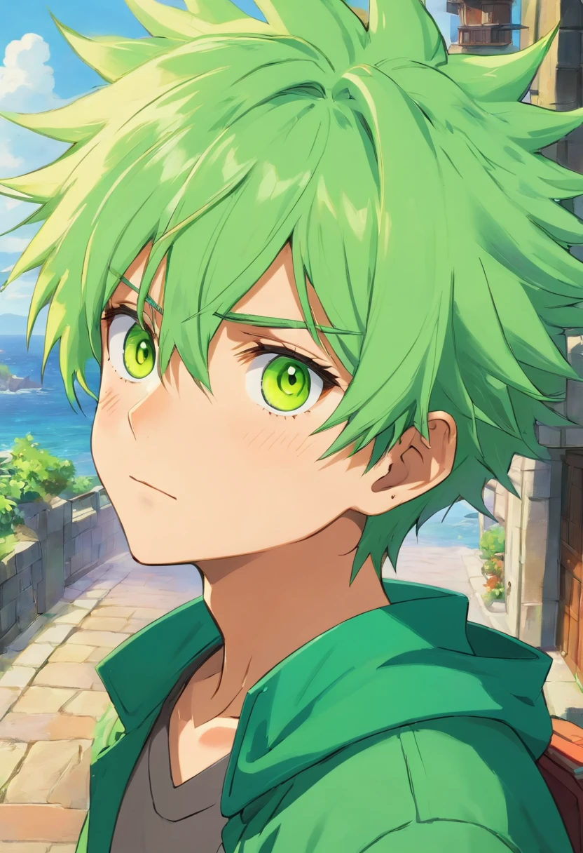 (1 boy), arte altamente detalhada, de (Lime-green hair and with the most voluminous and spiky hair), (cicatris nop olho direito), olho direito fechado Roronoa Zoro