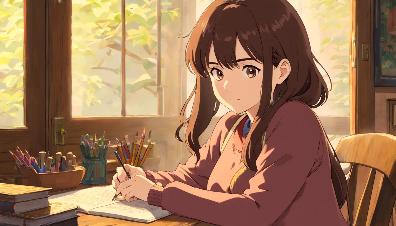 (Best quality, 8k, masterpiece: 1.3), a beautiful woman with perfect figure: 1.4, dark brown hair, studying, in close window, highly detailed face and skin, detailed eyes, double eyelids, big breasts