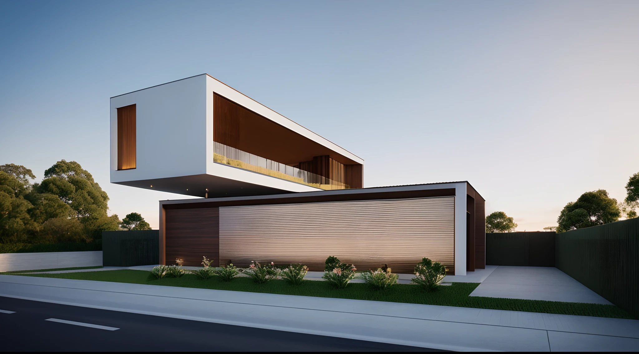 Realistic images, extremely detailed, a modern house, 1 road in font of house, large yard made by ceramic, (1 car), brick fence, lawn, a few small flowers, a road in front of the house, main materials of the house are white walls and red brick, Modern design, clear blue sky, sunrise light, light from inside, dynamic light,shimering light, cinematic light, romantic feeling, (((day light, warm light))), SNOW:1.3, WINTER