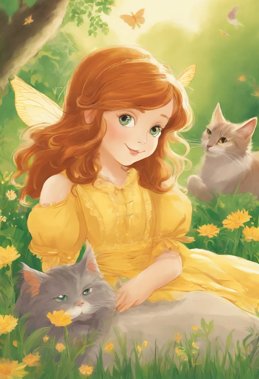 A -yeld chnut-haired girl and a light gray cat are basking in the sun on the lawn of a sun-drenched park Fantastic and happy feeling The overall design is classical and the color is strong yellow Picture book illustrations