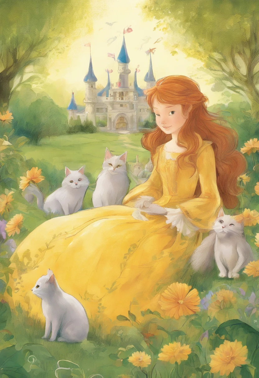 A 10-year-old chestnut-haired girl and a light gray cat are basking in the sun on the lawn of a sun-drenched park　　Fantastic and happy feeling　The overall design is classical and the color is strong yellow　Picture book illustrations