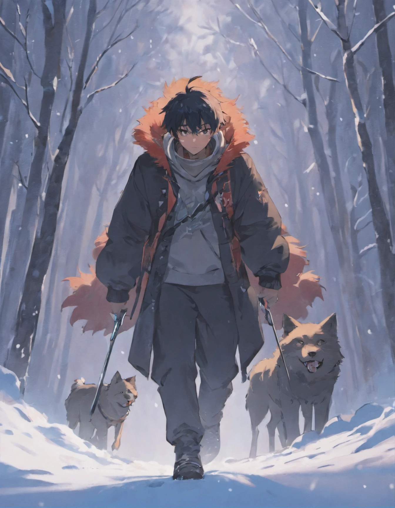 Un chico negro caminando en la nieve con un lobo ASU lado
