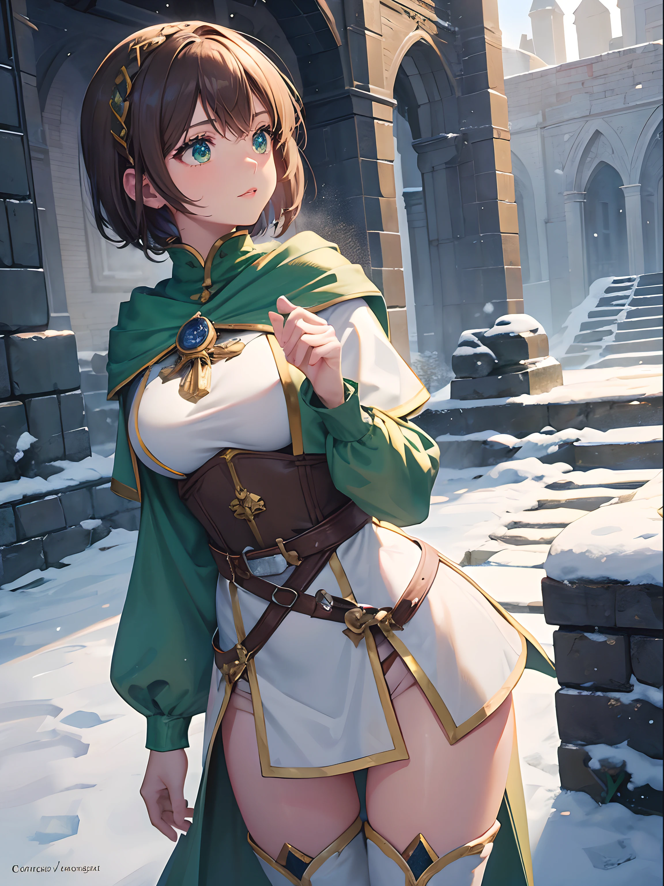 Masterpiece, close up, medieval setting, fantasy world, magical, stone brick walls, castle courtyard, snow, woman, innocent, cute, mage, soft expression, curious look, green eyes, short hair, light brown hair, white mage clothing, thighs, thigh high boots, short green cowl, standing