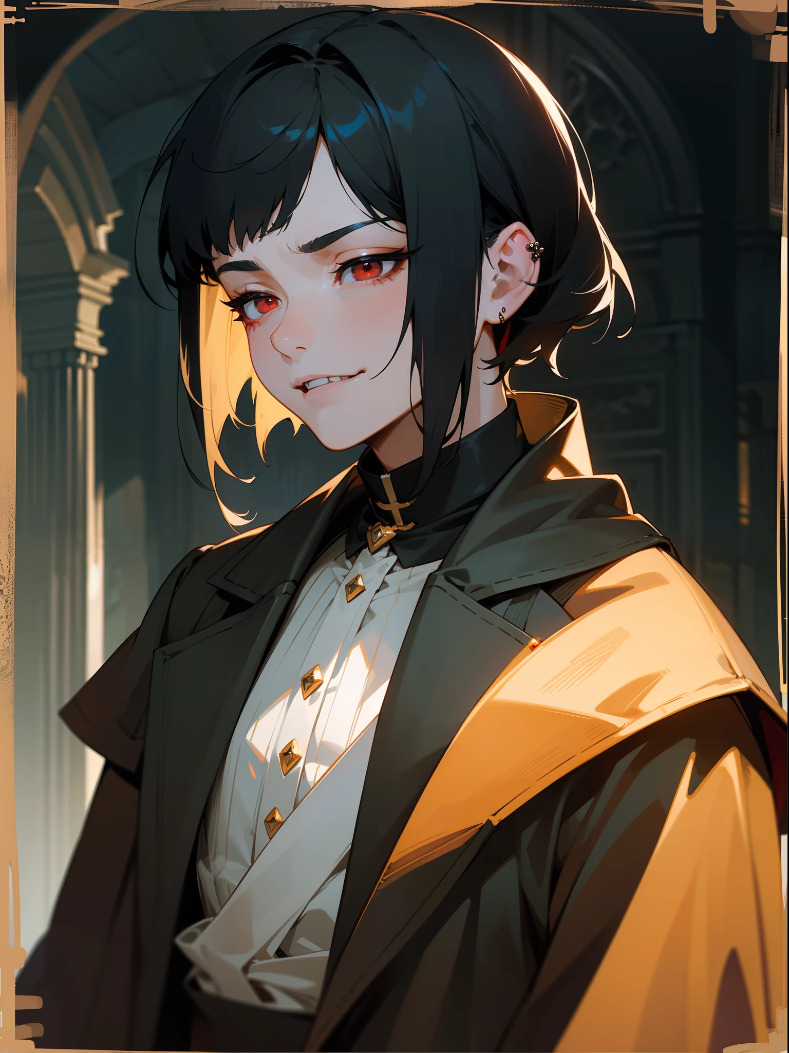 masterpiece, best quality, male character, black hair hair, red eyes, bowlcut, fluffy hair, mid-length black hair, bangs, side bangs frame cheeks, vampire, fangs, religious imagery, stylized character design, high quality character design, detailed character design, great character design, male, highly detailed outfit, sleepy, tired, handsome, cute, lovely boy, antique, garter belts, frontage, lateral face, lovely boy, perfect face, detailed eyes, elegant, slim, dark, facing camera, gothic, vampirism, pierced ears, elegant, historic, dark background, dark room, very dark background, indoors, nighttime, relaxed, peaceful, midnight, beautiful, detailed background, cemetery, haunted, lithe, avant- grade , original, rgkg, sly, smirk, tired eyes, eye bags, dark eyes, eyelashes