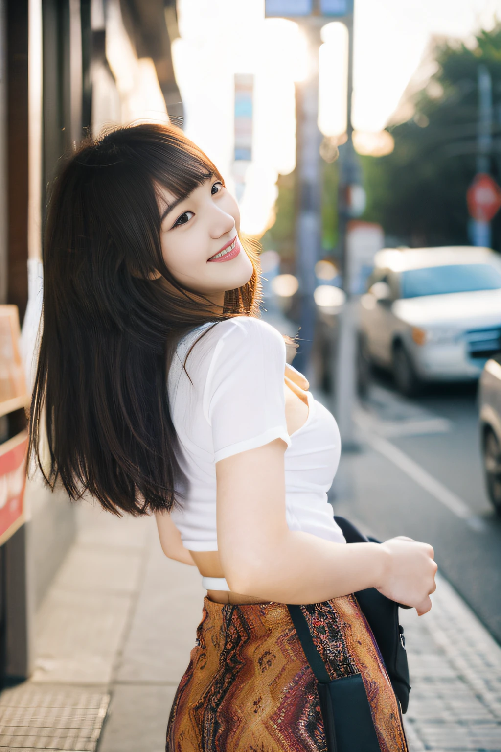 Marin Saito, Japanese, a girl, very beautiful, big eyes, brown eyes, 20 years old, facing forward, smiling, clear skin, bob-cut hair, blowing in the wind, bangs that reach her eyebrows, Moist eyes, hair ornaments, normal swollen breasts, cleavage, decorated blouse, tight skirt, panty shot, big butt, stockings, high heels, bag, shopping street, looking at camera, whole body Portrait, detailed photo high quality, 3D, 8K,