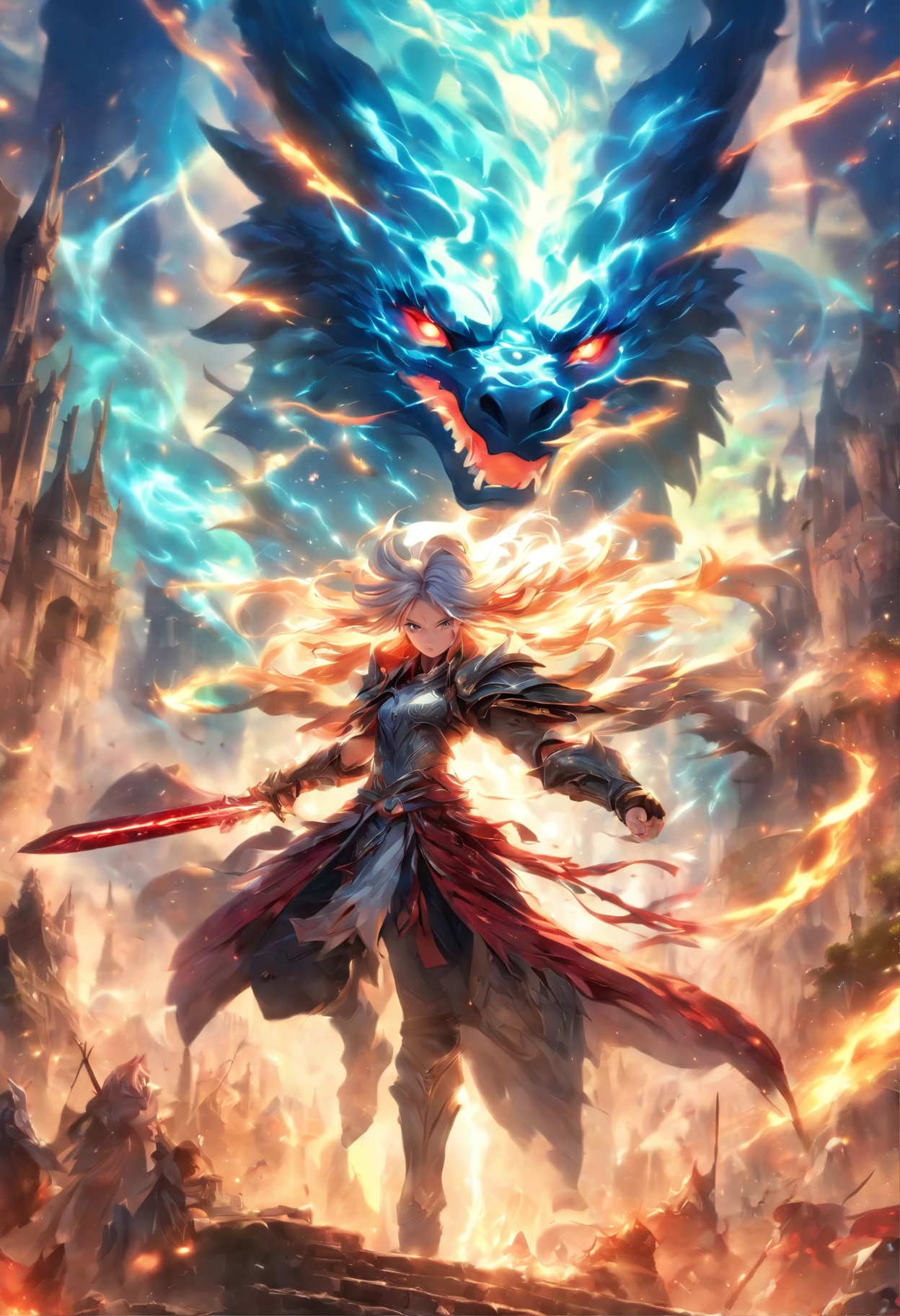 Mature woman, (fantasy:1.2), (backlight:1.2), glowing hairs, glowing eyes, red eyes, white hair, long hair, clevage, epic , camera angle, dynamic, UE5, Epic Battle, Magical Creatures, Ancient Castle, Heroic Warrior, Mystical Forest, Enchanted Realm, Dragon's Lair, Sorcerer's Spell, Ethereal Lighting, High-Fantasy, Heroic Music, Wide Landscape, Dramatic Sky, Mystical Aura, Sword of Destiny, Quest for Power.