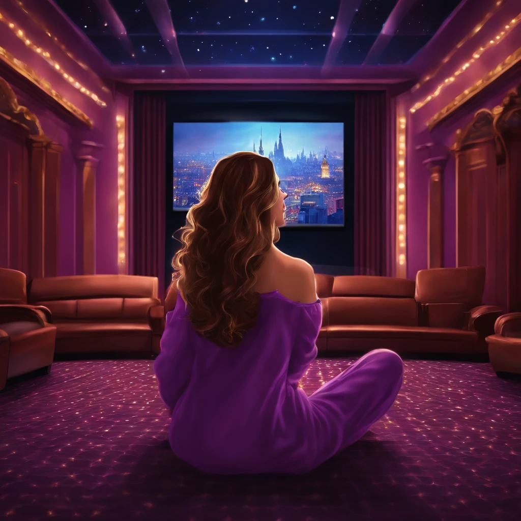 Create a Disney Pixel style image of a girl in purple pajamas in a TV movie theater with movies, a very romantic atmosphere with lights and the background has to be active and she very happy