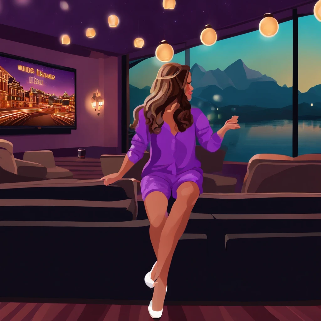 Create a Disney Pixel style image of a girl in purple pajamas in a TV movie theater with movies, a very romantic atmosphere with lights and the background has to be active and she very happy