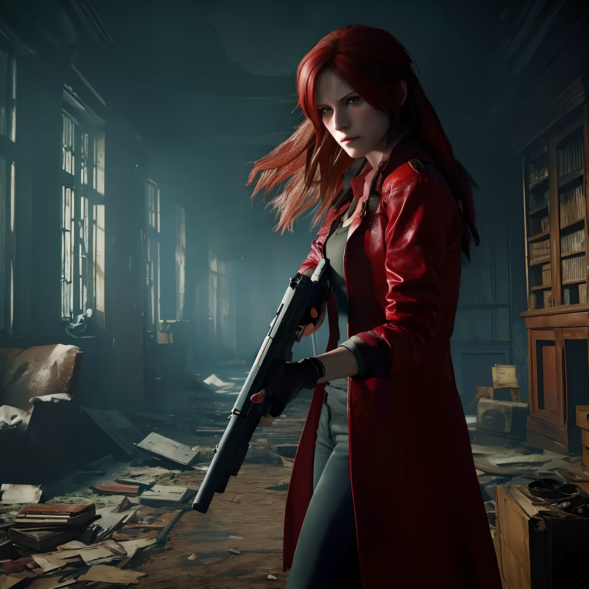 4K, HD, ((Claire Redfield 40 years old)), beautiful face, looking at viewer, very long red hair, perfect Face, black jeans, red long coat with black t-shirt, red nail polish, friendly face, Glare, holding a gun