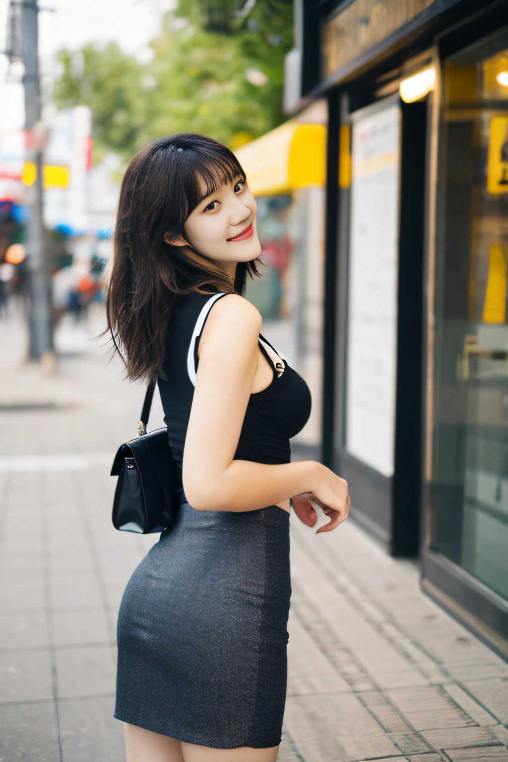 Marin Saito, Japanese, a girl, very beautiful, big eyes, brown eyes, 20 years old, facing forward, smiling, clear skin, bob-cut hair, blowing in the wind, bangs that reach her eyebrows, Moist eyes, hair ornaments, normal swollen breasts, cleavage, decorated blouse, tight skirt, panty shot, big butt, stockings, high heels, bag, shopping street, looking at camera, whole body Portrait, detailed photo high quality, 3D, 8K,