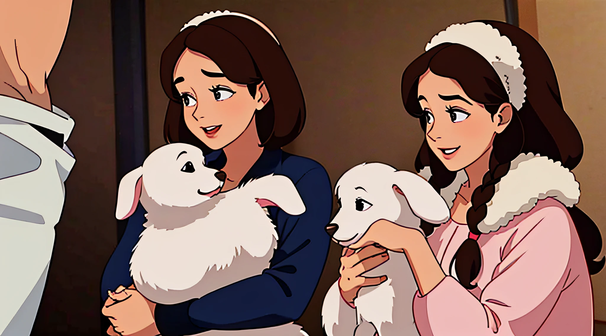 Brunette girl holding a white puppy gets married