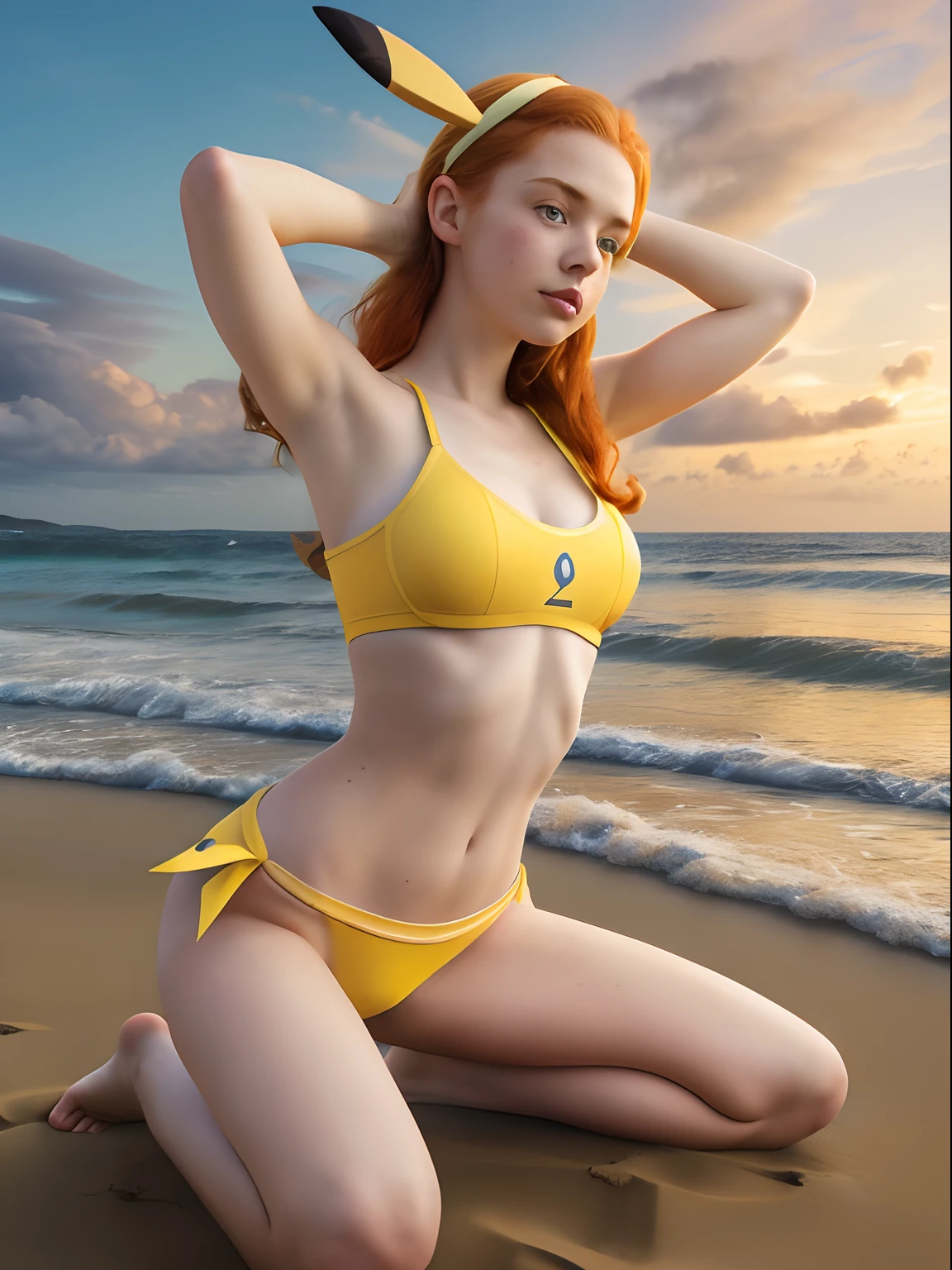 (1girl in, age19, Solo, Aesthetic artwork, irish redhead, wavy ginger hair, shoulder length ginger hair, light grey eyes, some small freckles, pale skin, A-cup, small , runners body, (textured skin, skin pores:1.1), (moles:0.8), imperfect skin, goosebumps, wearing yellow , (Pokemon Pikachu ears:1.2), (pokemon Pikachu tail:1.25), evening ocean sunset background, blury background, (action shot, kneeling, 1.2tremely detailed 8k wallpaper), (hard lighting), high quality, film grain, Fujifilm XT3 sharp focus, f 5.6, 50mm, High Detail, Sharp focus, (natural light), crazy details, complex details, hyperdetailed