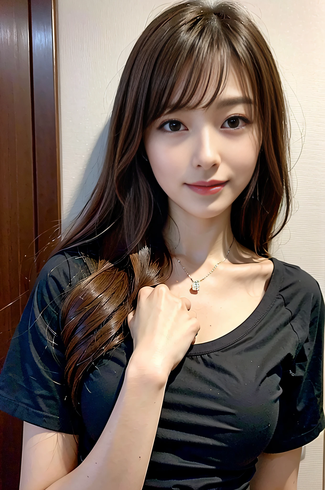 Araffe asian woman with long brown hair wearing a black shirt - SeaArt AI