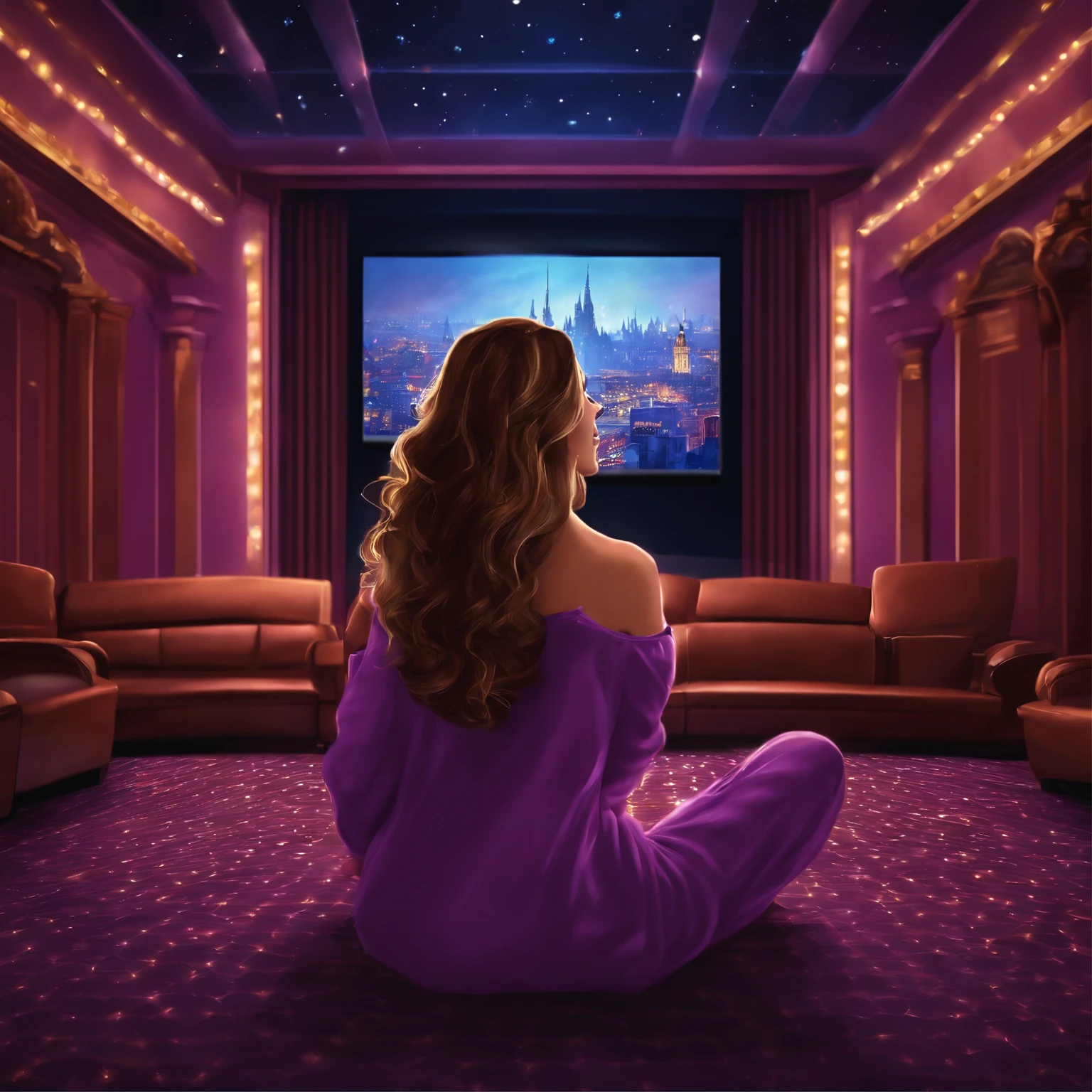 Create a Disney Pixel style image of a girl in purple pajamas in a TV movie theater with movies, a very romantic atmosphere with lights and the background has to be active and she very happy