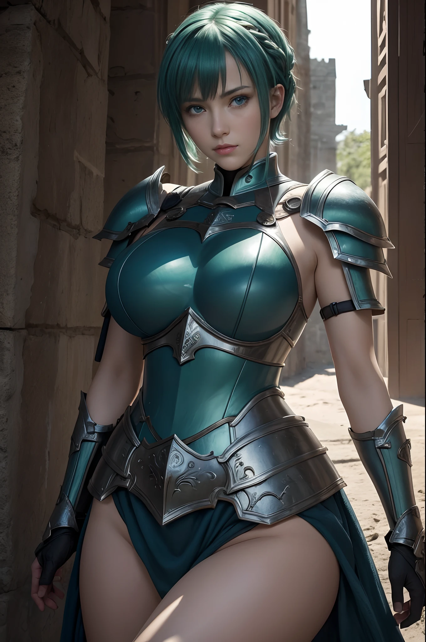 8K,超A high resolution,((Top image quality)), ((masterpiece)), (high-detail:1.3), jeanne d'arc,Blue eyes,Shorthair with green hair,A MILF,large full breasts,Attention paid to the details of the decoration of the chest armor,Waist and leg armor,Round shield on the left arm,beautiful expression,enchanted,A sexy,Scenes of armor damage during the war