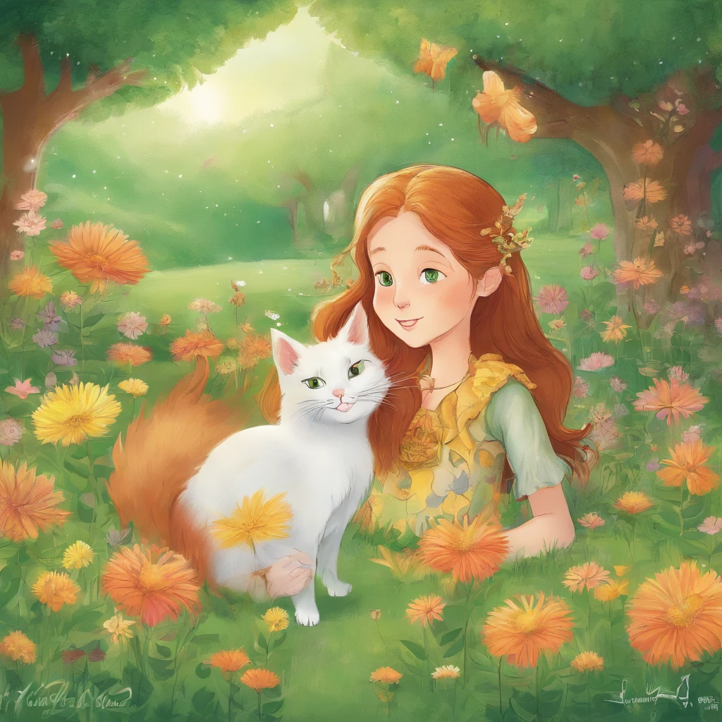 A 10-year-old chestnut-haired girl and a light gray cat are basking in the sun on the lawn of a sun-drenched park　a lot of flower　Fantastic and happy feeling　The overall design is classical and the color is strong green 　Picture book illustrations