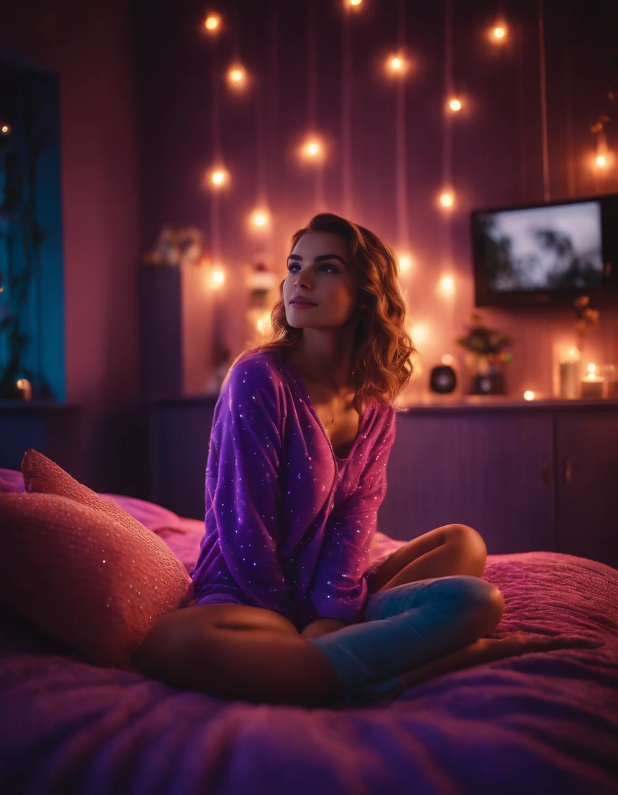 Crie uma imagem estilo Disney Pixel de uma menina de pijama roxo em um cinema de TV com filmes, A very romantic atmosphere with lights and the background has to be active and she very happy