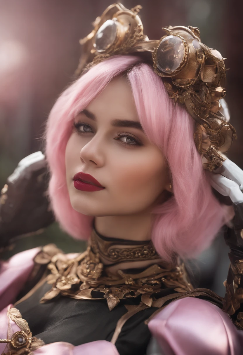 (8k, Foto RAW, best quality, master part), Ultra high resolution, (Realistic, photo-realistic), 1girl, no emotion, sozinho, cabelo rosa, olhos amarelos, professional lighting, Detailed lighting, luz de fundo, profundidade de campo, natural lighting, foco nítido, shooting distance of two meters, Professional photo shoot, Olhos detalhados, olhos realistas, sombra detalhada, Jogo CG, Cosplay, pink clothes with arm ring, suspenders, parte superior do corpo, roupas cor-de-rosa, Fora, coroa, Gundam, Mecha, Robot