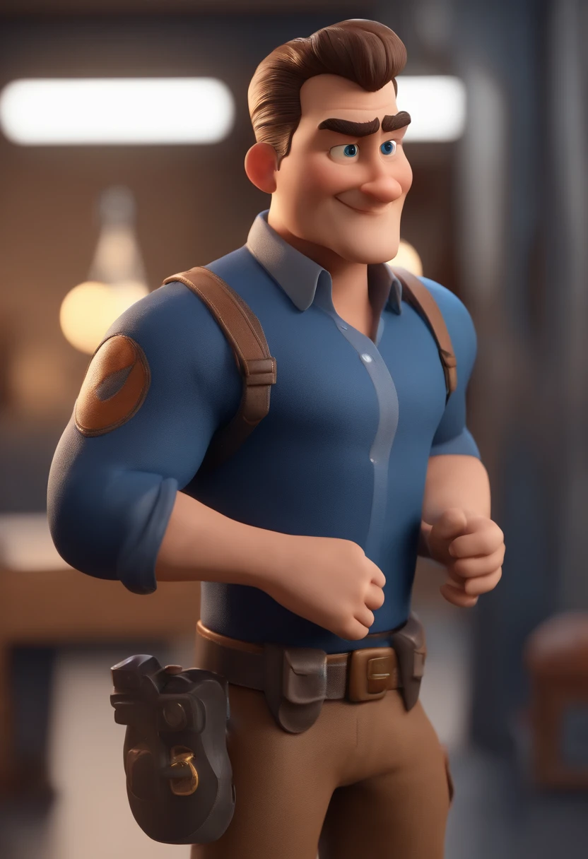 personagem dos desenhos animados de um homem com uma camisa azul, e calopsitas no ombro, animation character, Caractere estilizado, animation style rendering, 3D estilizado, Arnold Maya render, 3 d render stylized, toon render keyshot, Personagem 3D, Personagem 3D, 3d rendering stylized, 3 d character render, personagem de desenho animado, Personagem de close up, Pose de personagem,  (Estilo Pixar) (master part:1.2) (Bokeh) (best quality) (pele detalhada) (textura detalhada) (8k) (argila) (Cinematic lighting) (foco nítido