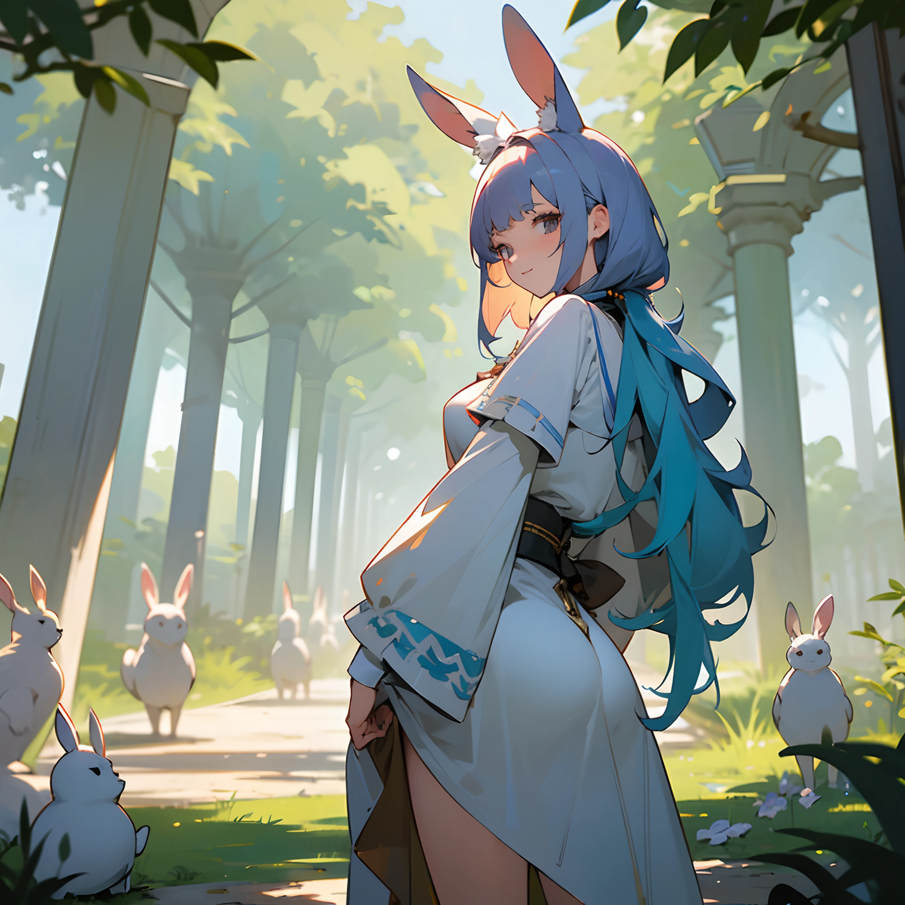 Masterpiece,Best quality)),1fille, seulement, animal ears, lapin, pieds nus, knees up, robe, assis, Oreilles de lapin, manches courtes, Regarder le spectateur, herbe, Cheveux courts, sourire, cheveux blancs, manches bouffantes, dehors, manches courtes bouffantes, frange, sur le terrain, corps entier, animal, Robe blanche, sun light, yeux bruns, dappled sunlight, jour, profondeur de champ, Huge ass and huge ass