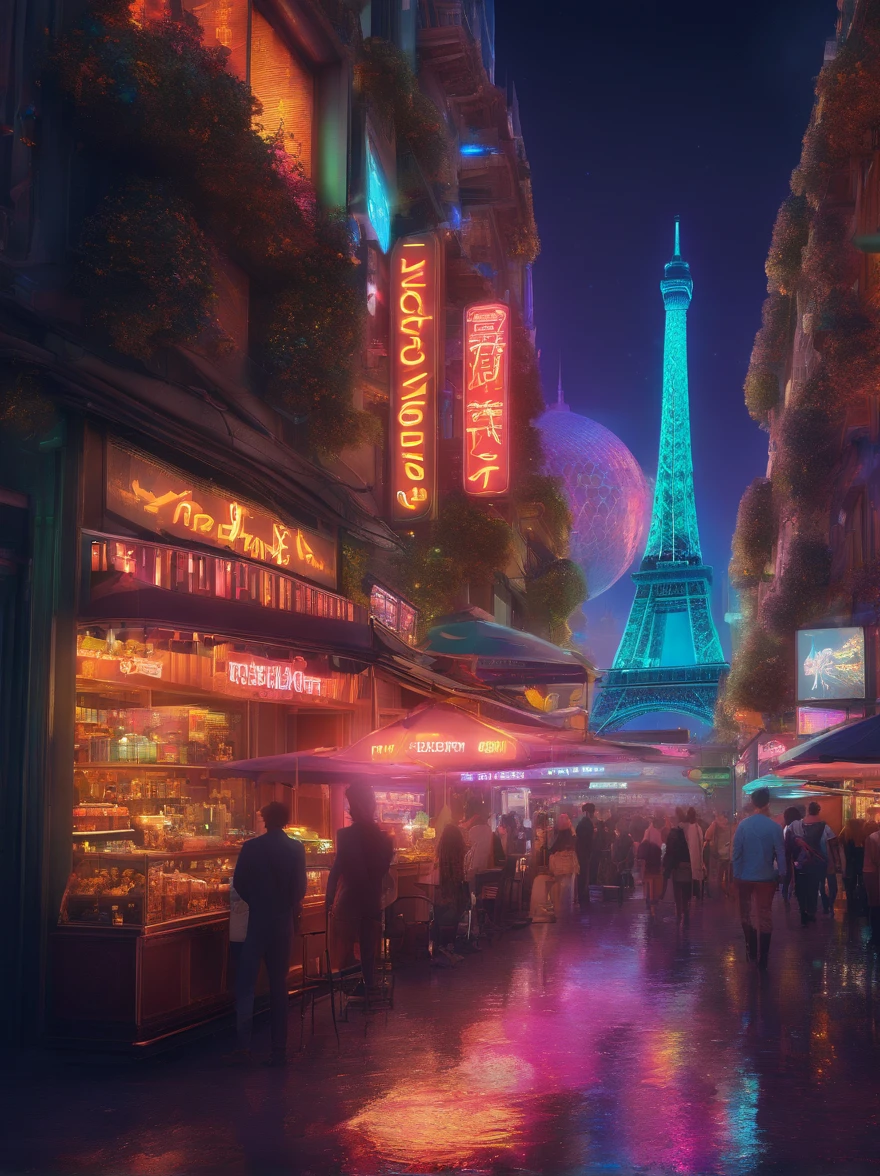 (best quality,4k,8k,highres,masterpiece:1.2),ultra-detailed,(realistic,photorealistic,photo-realistic:1.37),Paris,Sci-FY,futuristic cityscape,advanced technology,hovering flying cars,impressive skyline,spectacular architecture,grand boulevards,sci-fi elements,droïde,floating restaurant,cosmic cuisine,vivid colors,neon lights,ambient lighting,cyberpunk atmosphere,interstellar travel,elegant fashion,fashion-forward crowd,stylish robots,street performers,magical holograms,advanced holographic display,energetic nightlife,mysterious alleyways,hidden secrets,enchanted bridges,moonlit Seine river,romantic atmosphere,peaceful parks,scenic gardens,breathtaking views,Eiffel Tower in a new dimension,floating gardens,high-tech monuments,timeless charm,modern blend with tradition,surreal art installations,experimental music festival,otherworldly experiences,immersive 3D projections,interactive virtual reality,unforgettable memories.