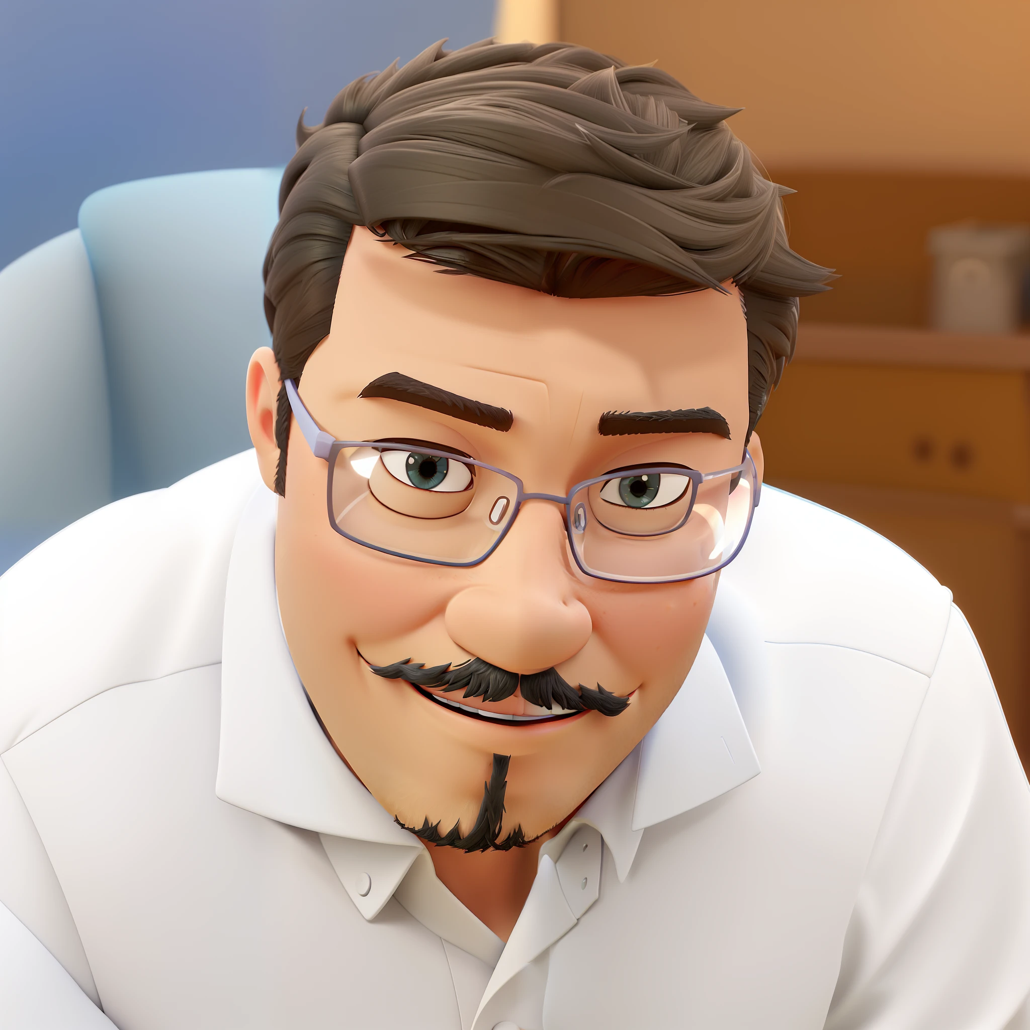 Cartoon character of a man wearing black glasses and a blue shirt, um personagem animado, Caractere estilizado, animation style rendering, 3D estilizado, Arnold Maya render, 3 d render stylized, toon render keyshot, Personagem 3D, Personagem 3D, 3d rendering stylized, 3 d character render, personagem de desenho animado, Personagem de close up, Pose de personagem, (Estilo Pixar) (master part:1.2) (Bokeh) (best quality) (pele detalhada) (textura detalhada) (8k) (argila) (Cinematic lighting) (foco nítido,Senta e vaza a parte superior do corpo