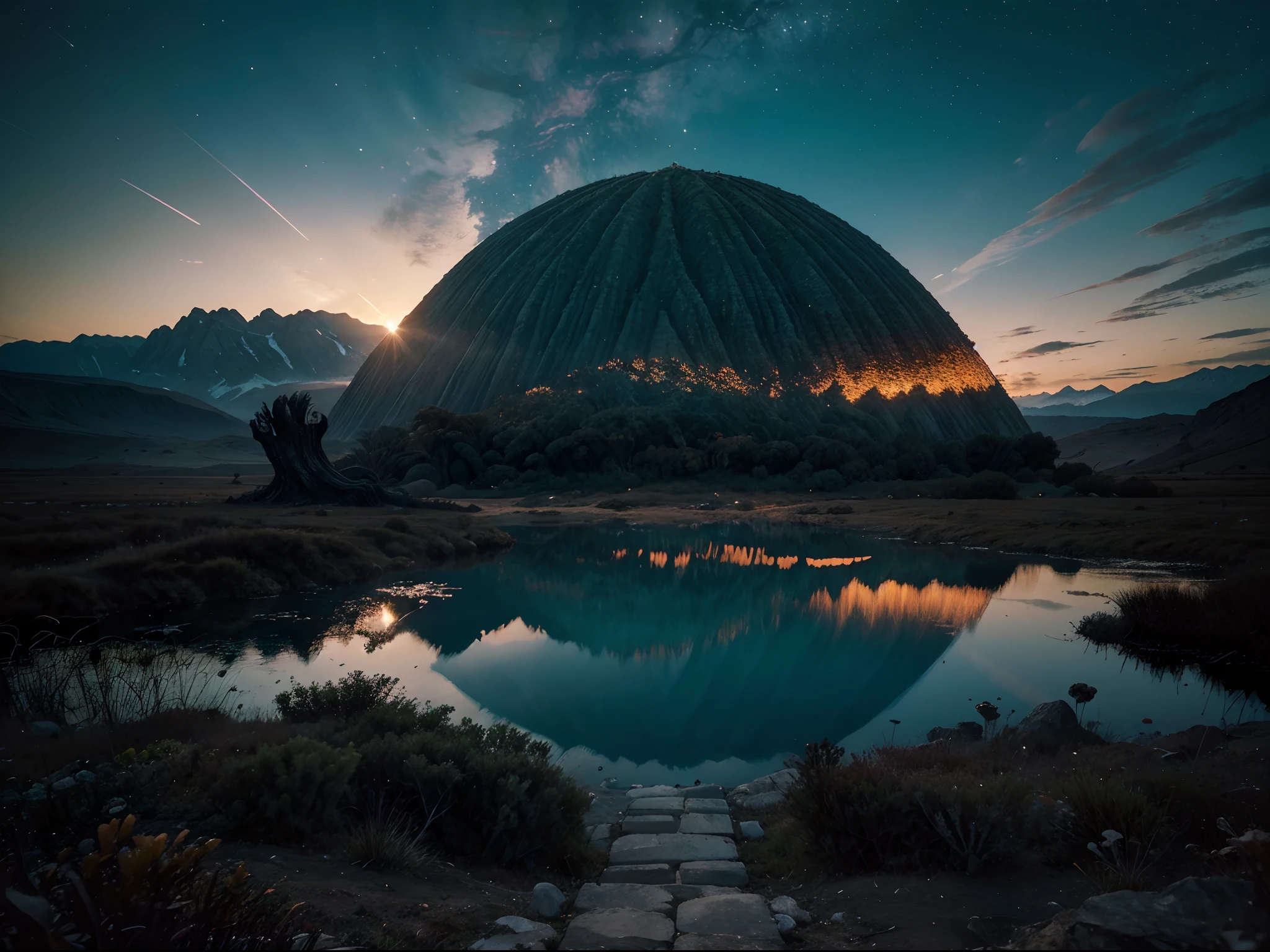 Generate a UHD image of an otherworldly, alien landscape at dusk. The sky should feature multiple moons and a dazzling array of stars, and the ground should be covered in vivid, exotic vegetation.
