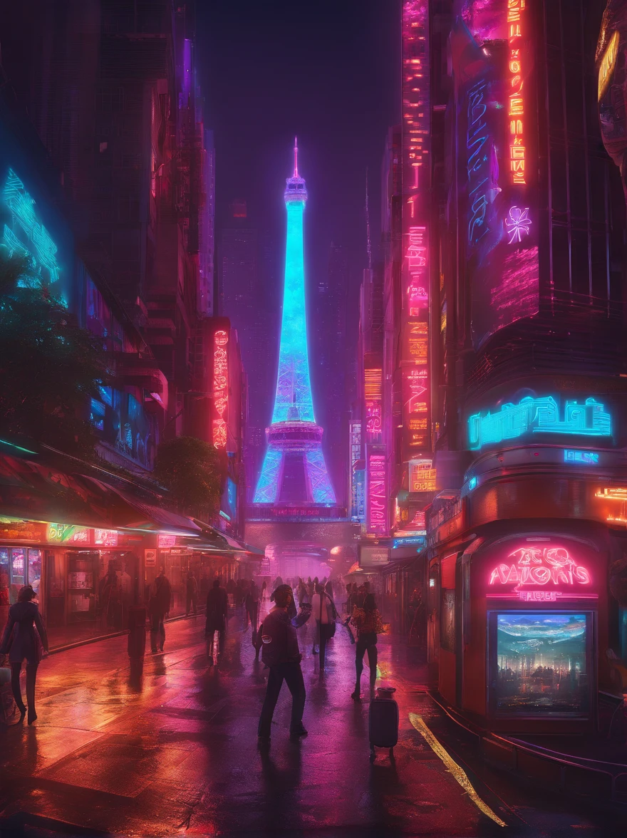 A painting of a city street with neon lights and people walking - SeaArt AI