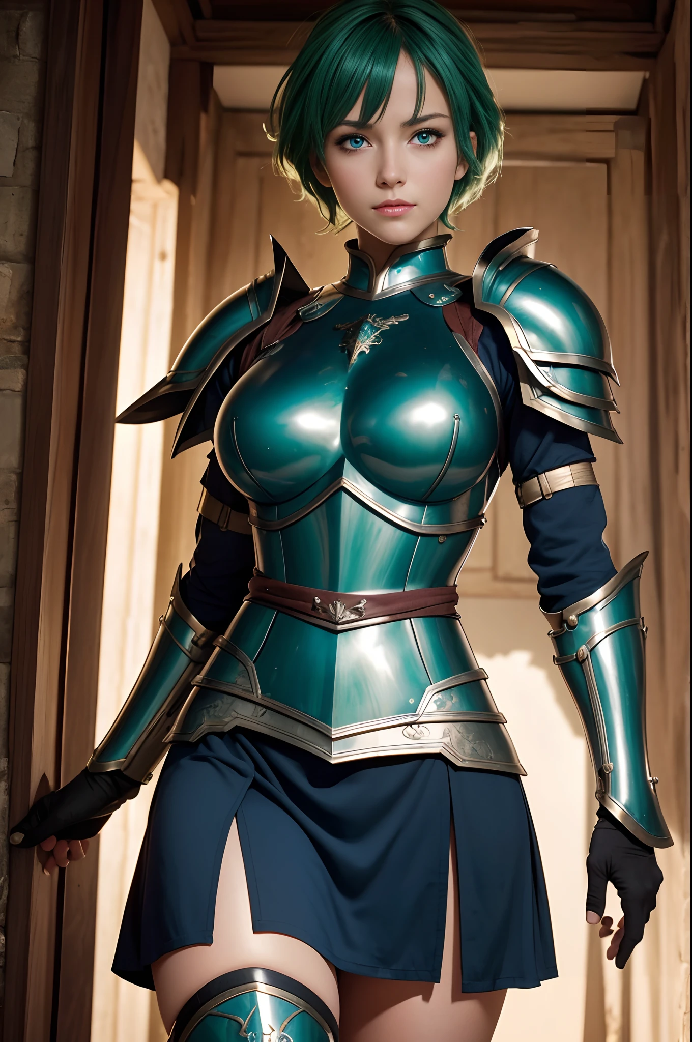 8K,超A high resolution,((Top image quality)), ((masterpiece)), (high-detail:1.3), jeanne d'arc,Blue eyes,Shorthair with green hair,A MILF,large full breasts,Attention paid to the details of the decoration of the chest armor,Waist and leg armor,Round shield on the left arm,beautiful expression,enchanted,A sexy,Scenes of armor damage during the war